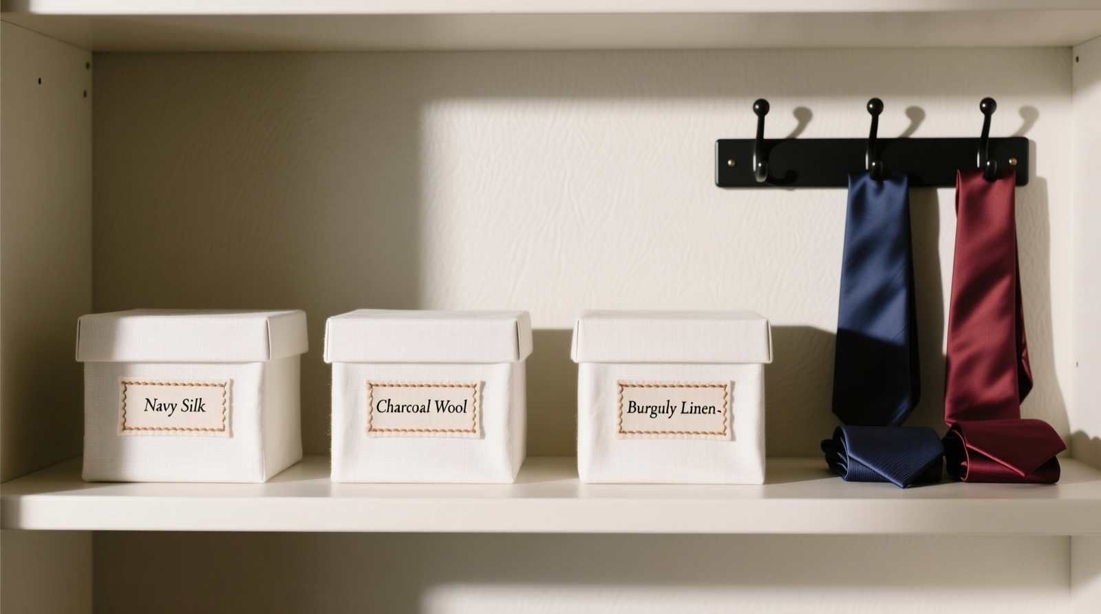 A minimalist closet shelf holding three identical white cotton boxes, each with a hand-stitched linen label reading 'Navy Silk', 'Charcoal Wool', and 'Burgundy Linen'; all boxes sit upright beside a matte black over-the-door hook holding two folded ties
