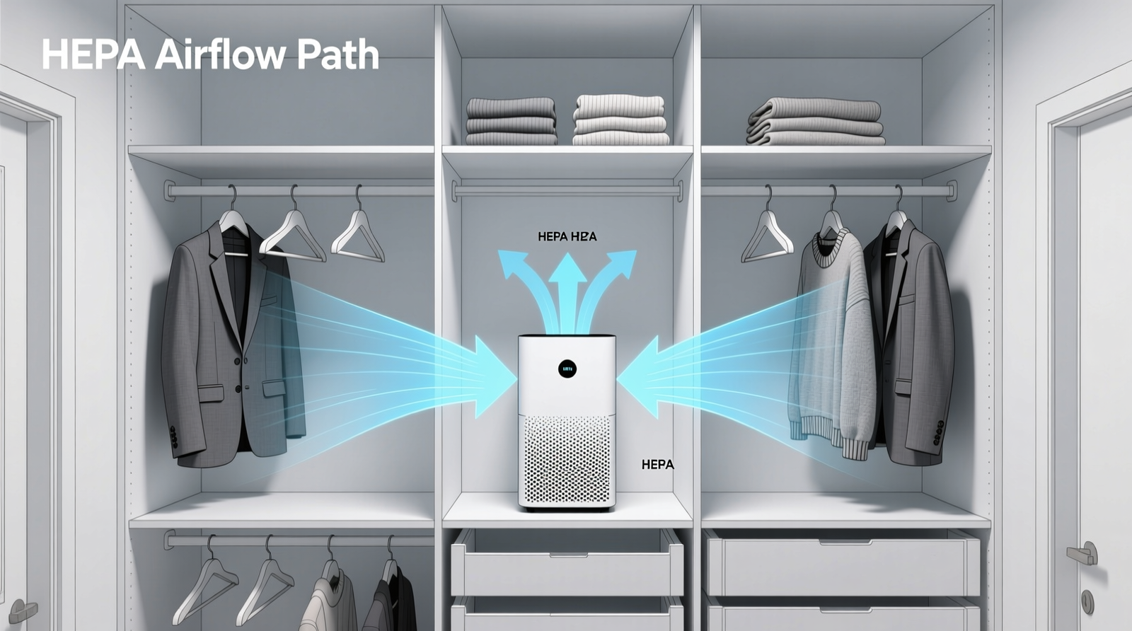 Side-by-side comparison: left side shows a cluttered closet with visible lint on hangers and shelves; right side shows an organized closet with a compact white air purifier mounted on a top shelf, door slightly open, and clean fabric-covered hangers