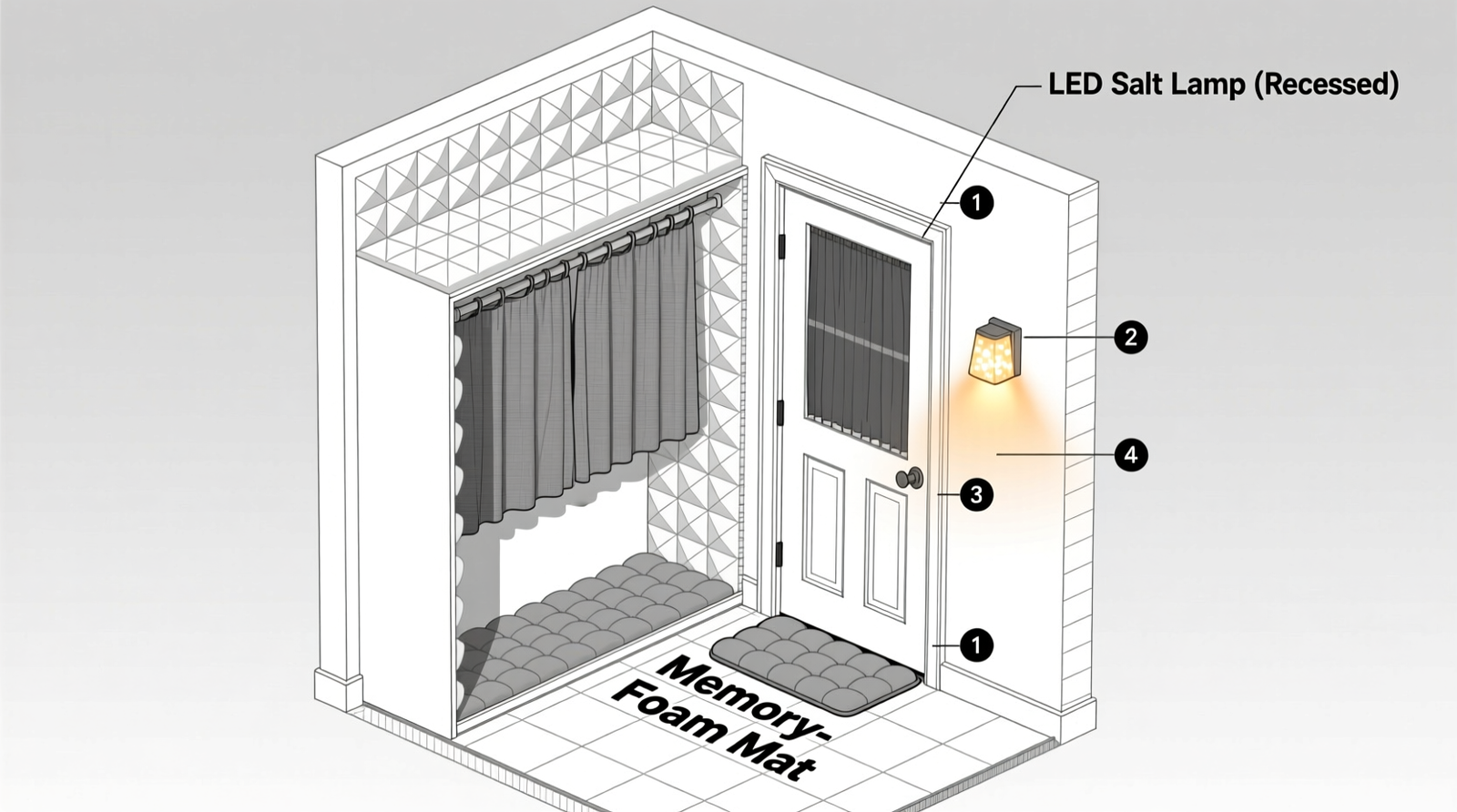 Overhead schematic showing a standard reach-in closet with labeled layers: 1-inch pyramidal foam on all interior surfaces, double-layered blackout system covering door, memory-foam floor mat centered, and recessed LED salt lamp mounted on rear wall