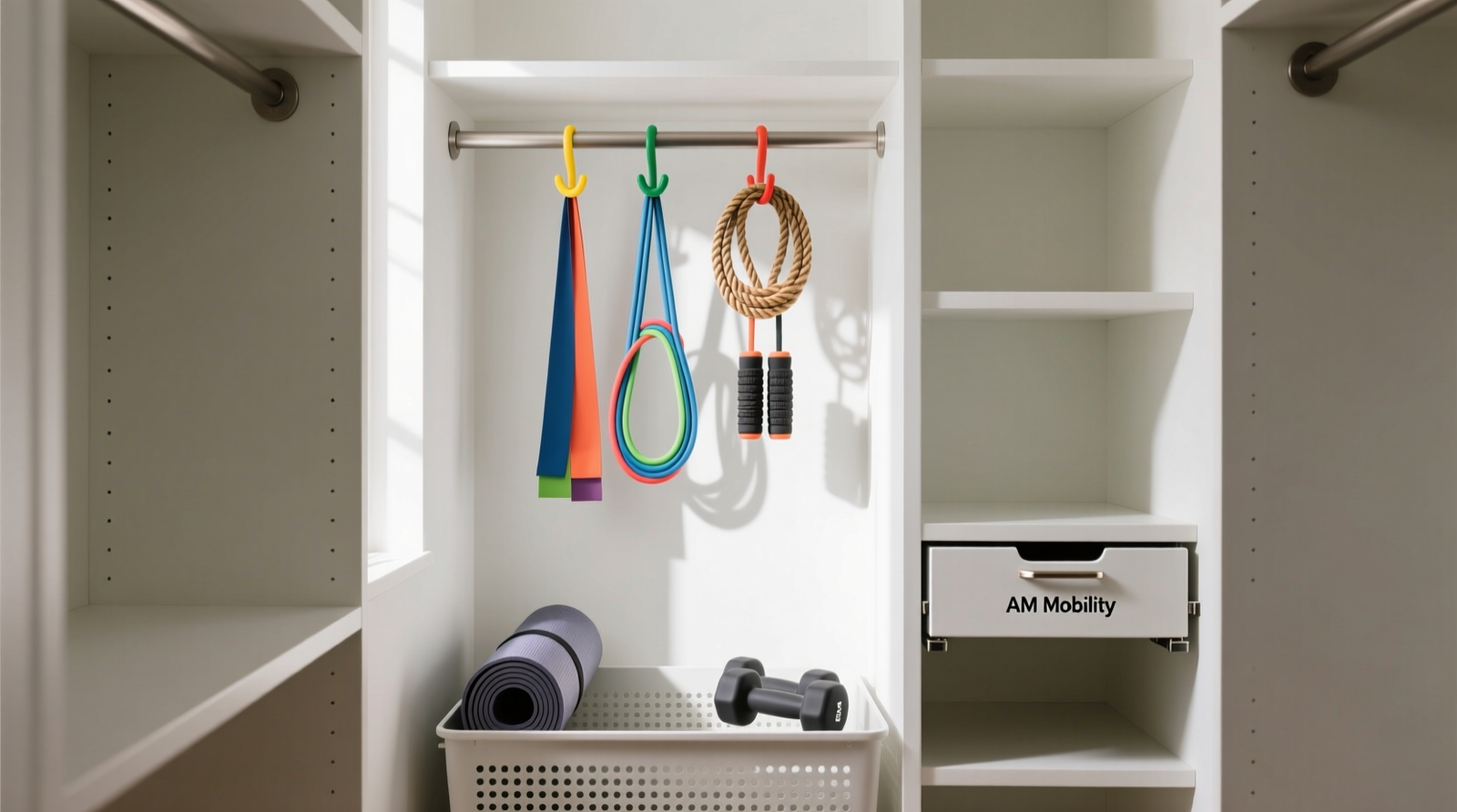 A minimalist walk-in closet showing three clearly defined zones: left side with ventilated mesh baskets holding slightly damp tank tops and shorts, center with velvet-hung performance tees and folded joggers in shallow cedar drawers, right side with magnetic locker panel holding pre-packed duffel sleeves labeled 'YOGA', 'RUN', and 'STRENGTH'