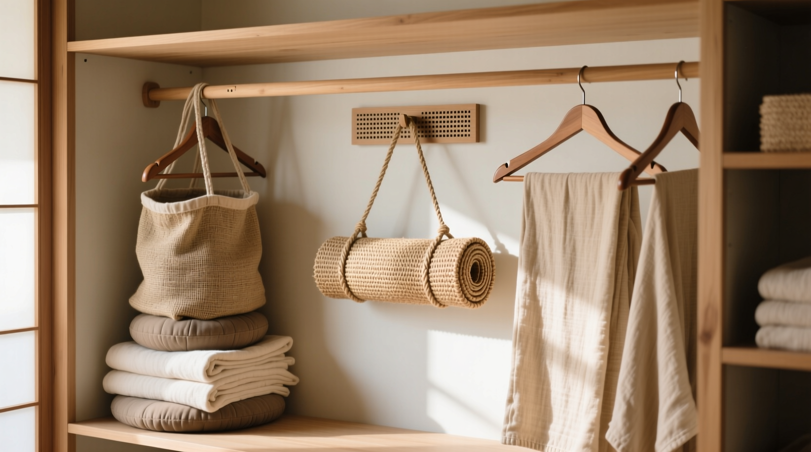 A well-organized closet section showing upright zafus in open-weave linen bags, folded cotton blankets draped over wide wooden hangers, and a rolled jute mat suspended on a ventilated wall hook—no plastic, no stacking, visible 3-inch gaps between all items and surrounding surfaces