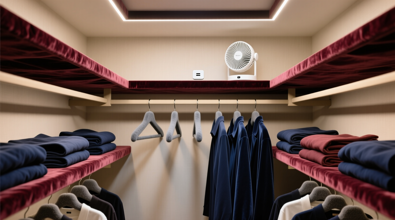 A well-organized closet showing velvet-lined shelves, felt-covered hangers, and a discreet USB fan mounted near the top shelf—no visible pet hair on garments or surfaces