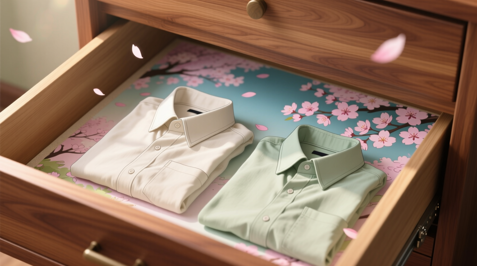 Close-up photo showing a deep cedar-lined drawer with crisp-cut anime wallpaper liner depicting a serene cherry blossom scene; folded linen shirts rest neatly atop it, edges of the liner precisely tucked into drawer corners with no bubbling or lifting.