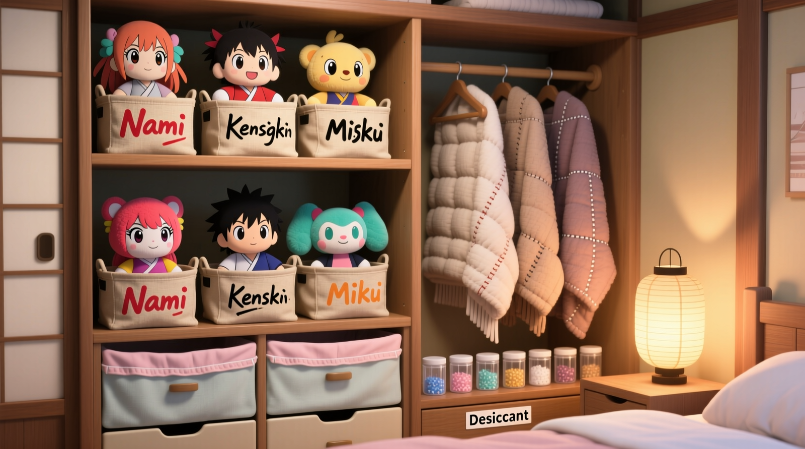 Three-tier closet shelf showing anime plush standing upright in labeled canvas bins, weighted blankets draped over padded wooden racks beside them, all surrounded by linen drawer liners and small silica gel canisters