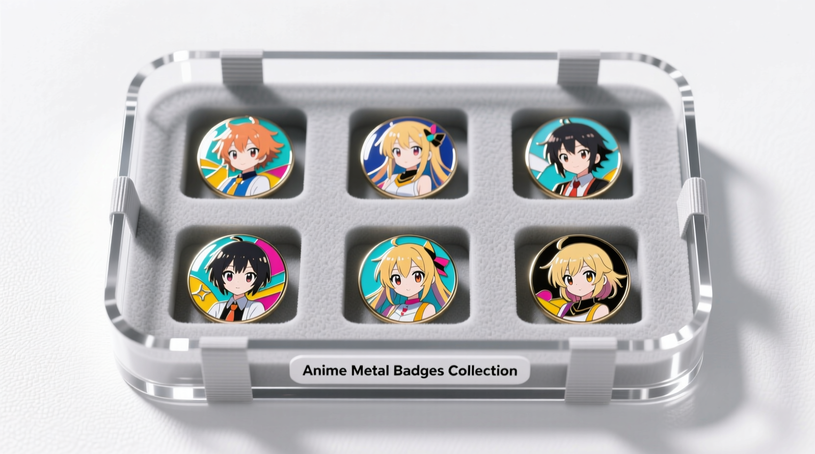 Top-down view of a shallow, labeled acrylic tray holding eight anime metal badges, each seated in its own recessed slot lined with neutral-gray polyethylene foam, with anti-tarnish strips visible along the tray’s inner rim