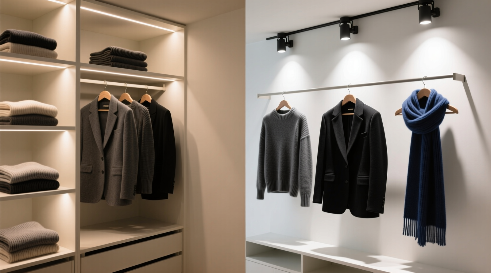 Side-by-side closet view: left shows uniform ambient strip lighting casting soft shadows across folded sweaters and hanging blazers; right shows three adjustable LED spotlights precisely illuminating individual garment groups—no glare, crisp fabric texture visible, clear distinction between charcoal and black wool