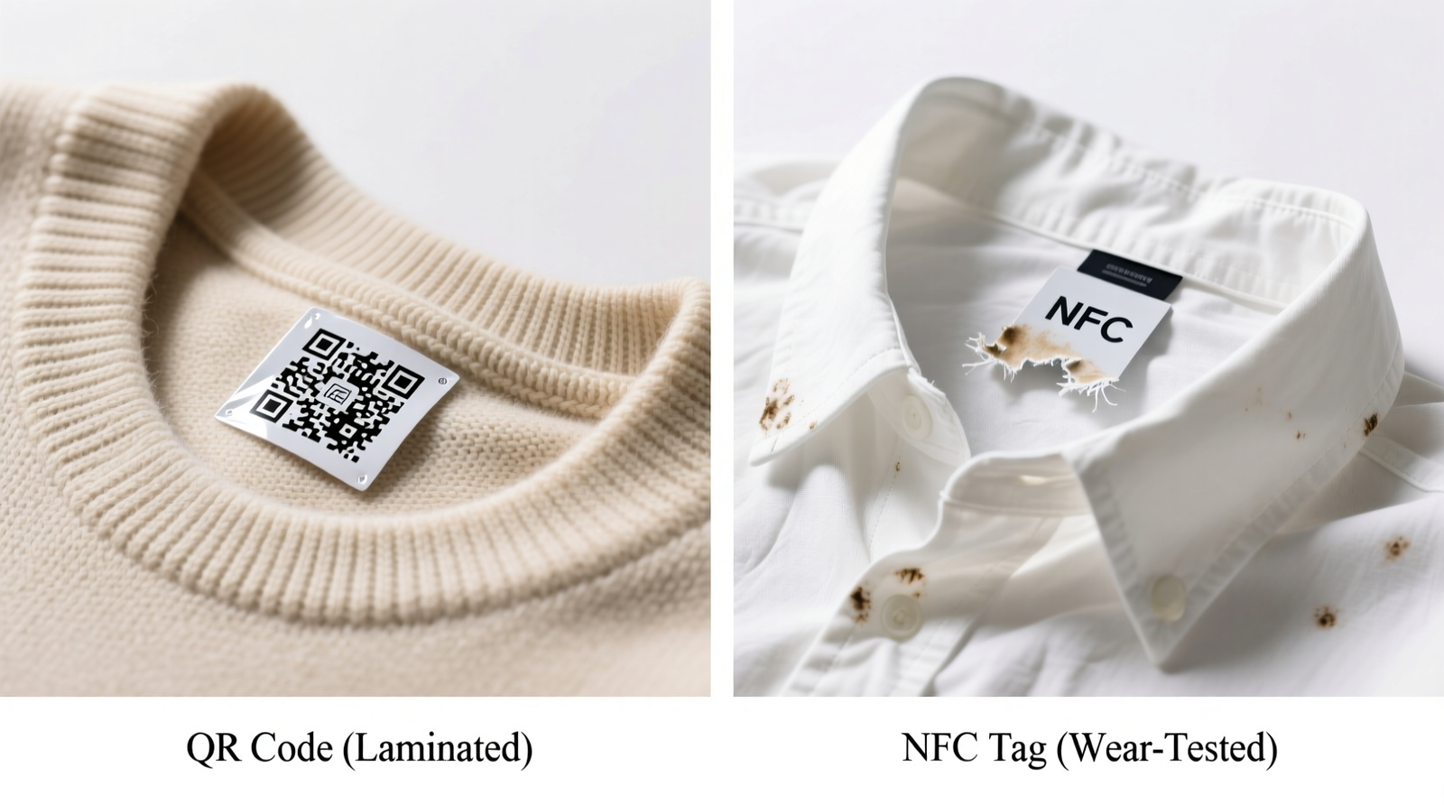 Side-by-side comparison: left shows a wool sweater with laminated QR + icon sticker neatly placed inside the side seam; right shows an NFC-enabled tag embedded in a cotton shirt collar, partially peeled and discolored after repeated washing