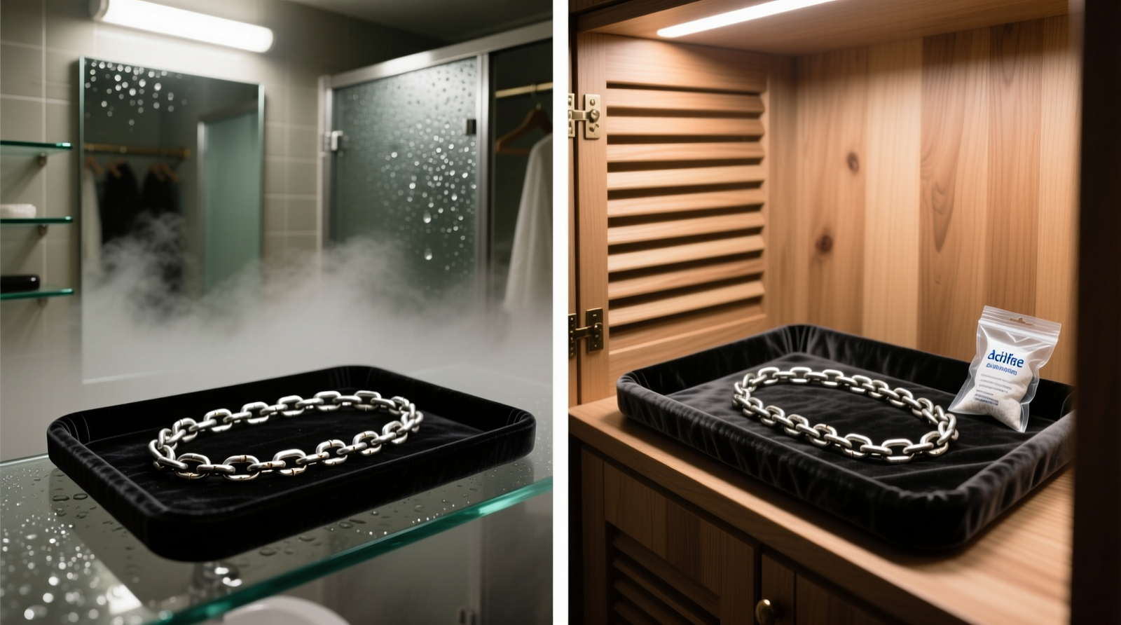 Side-by-side comparison: left shows tarnished silver chain draped over generic black velvet tray in a steamy bathroom closet; right shows identical chain resting on acid-free cotton velvet tray inside ventilated cedar-lined cabinet with visible silica gel pack beside it