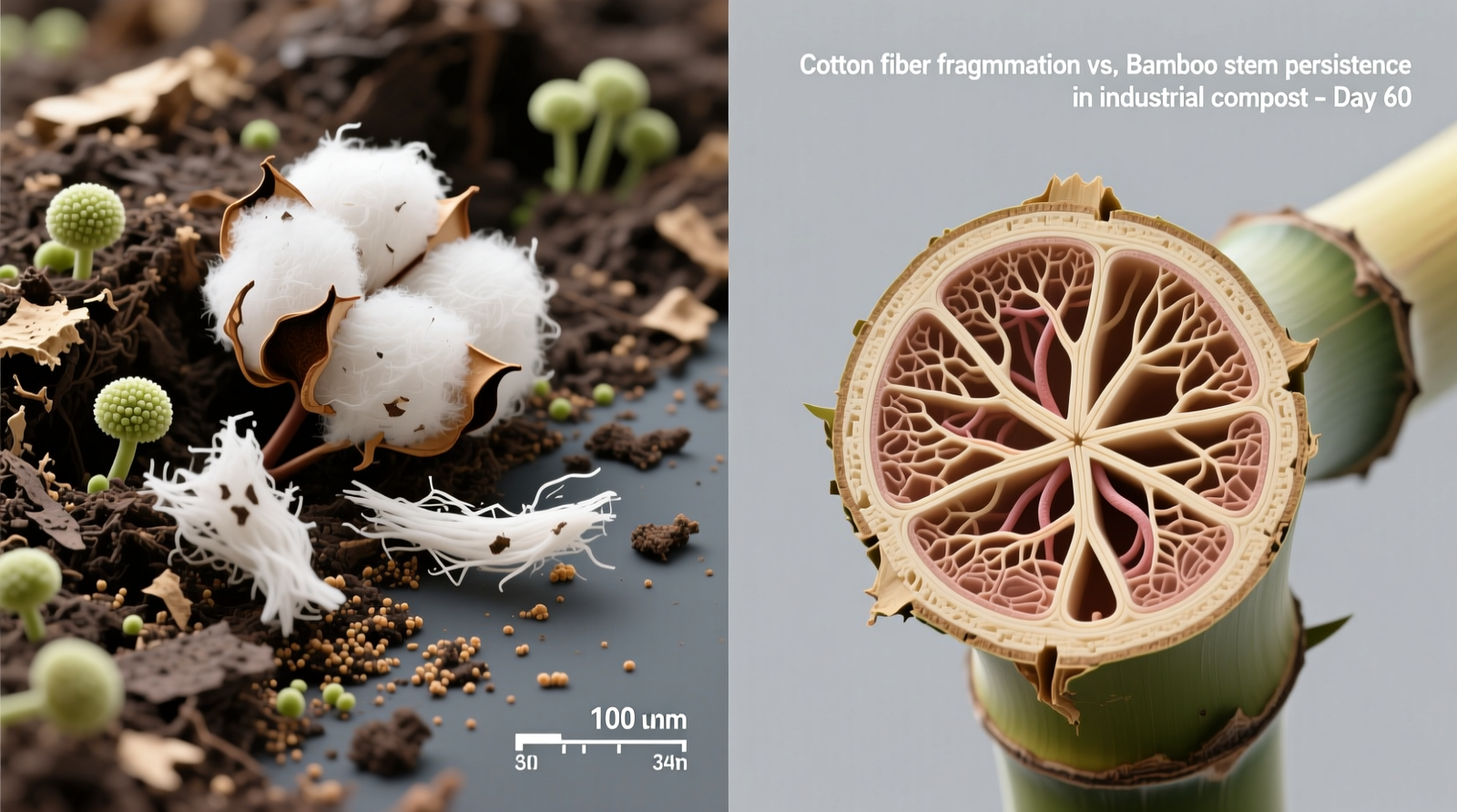 Side-by-side micrographs showing fragmented cotton fibers fully integrated into compost matrix versus intact bamboo stem cross-sections remaining after 60 days in industrial compost