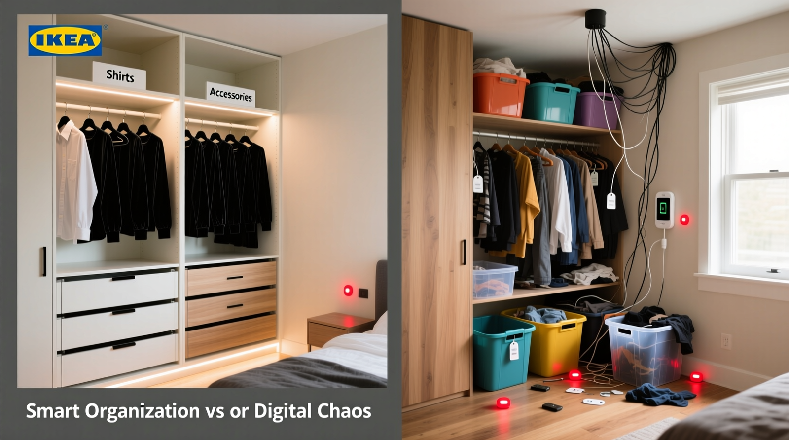 Side-by-side comparison showing a fully optimized IKEA PAX closet with labeled zones, uniform hangers, full-extension drawers, and subtle under-shelf LED strip lighting—next to a cluttered smart closet with mismatched bins and uncharged sensor tags visible on the floor