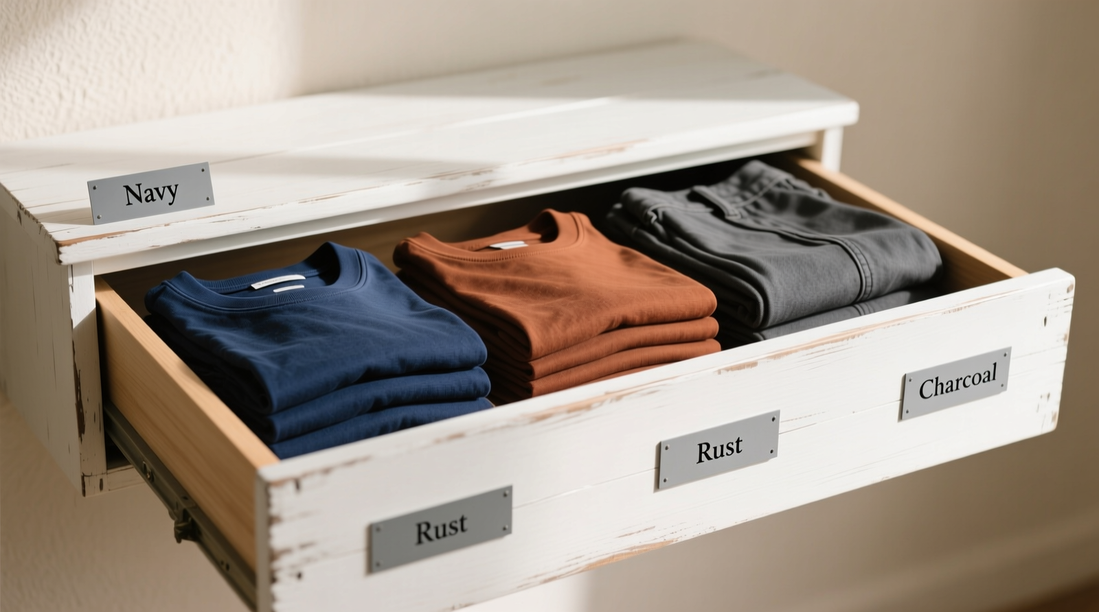 A clean, open dresser drawer divided into three fabric bins—white, black, and navy—each holding five identically folded cotton tops with visible tags facing forward. No overlapping, no clutter, no hangers visible. Lighting is soft and even.