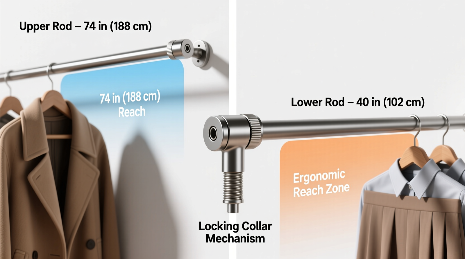 Side-by-side comparison showing an adjustable dual-rod closet system: upper rod at 74 inches for long coats, lower rod at 40 inches for shirts and skirts, with labeled ergonomic reach zones and locking collar close-up
