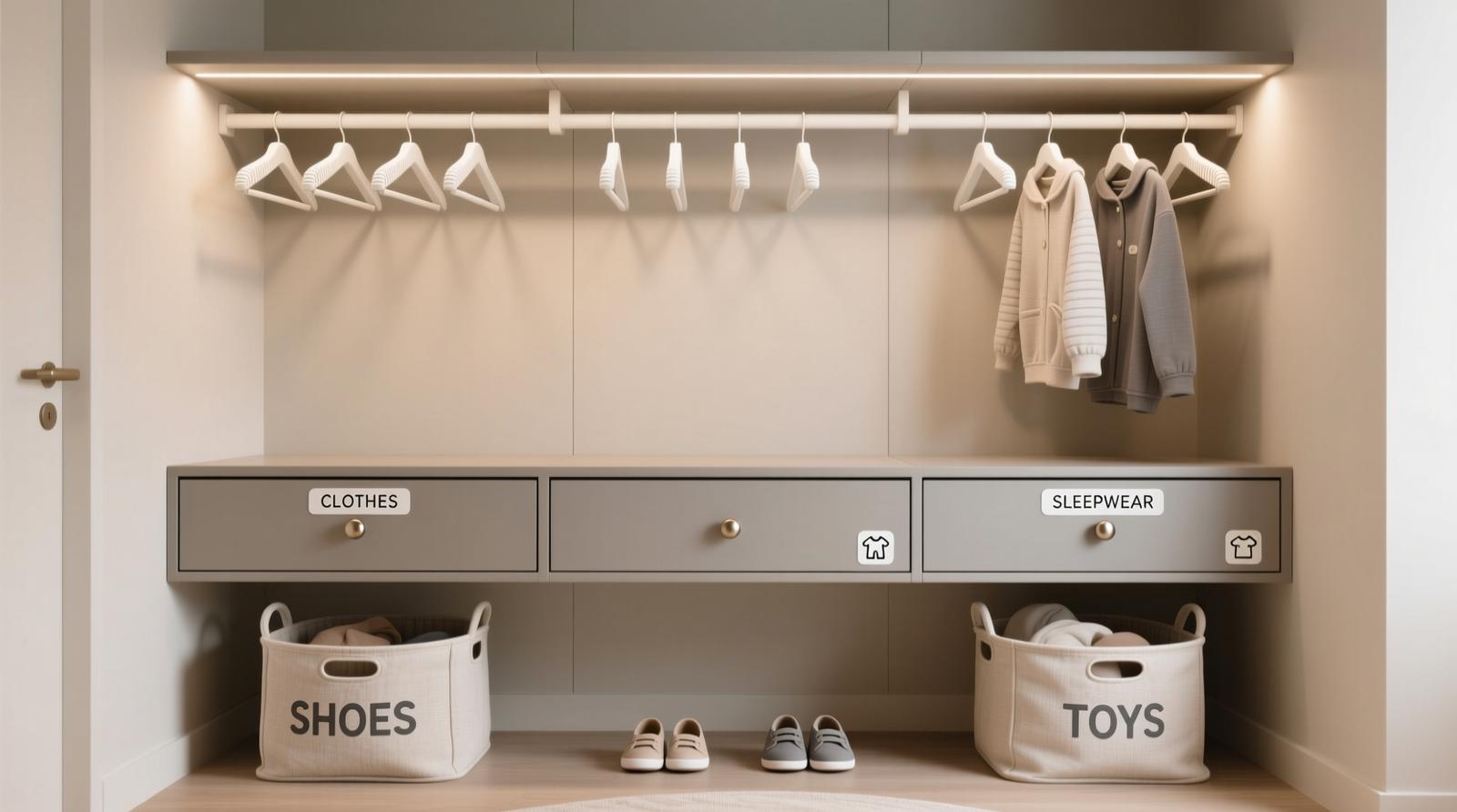 A streamlined shared closet showing anchored fabric bins at floor level, soft-close drawers at toddler waist height, and uniform non-slip hangers above, all within a cohesive neutral palette