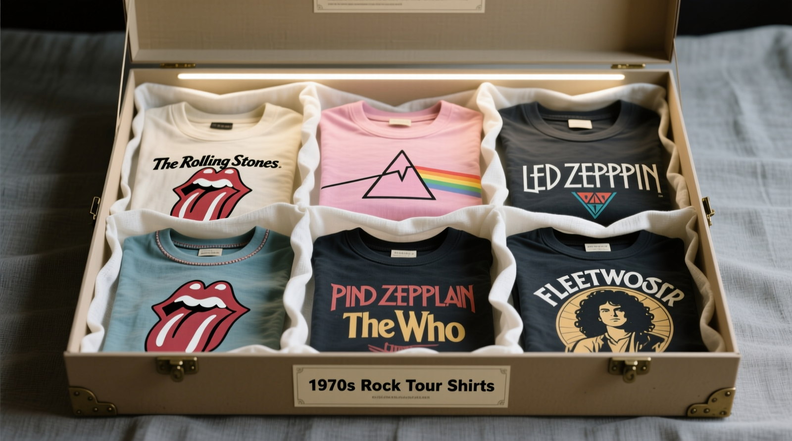 A shallow, labeled archival box containing five vintage band tees laid flat, each separated by off-white cotton muslin; soft LED task lighting illuminates the scene without glare, emphasizing texture and color fidelity