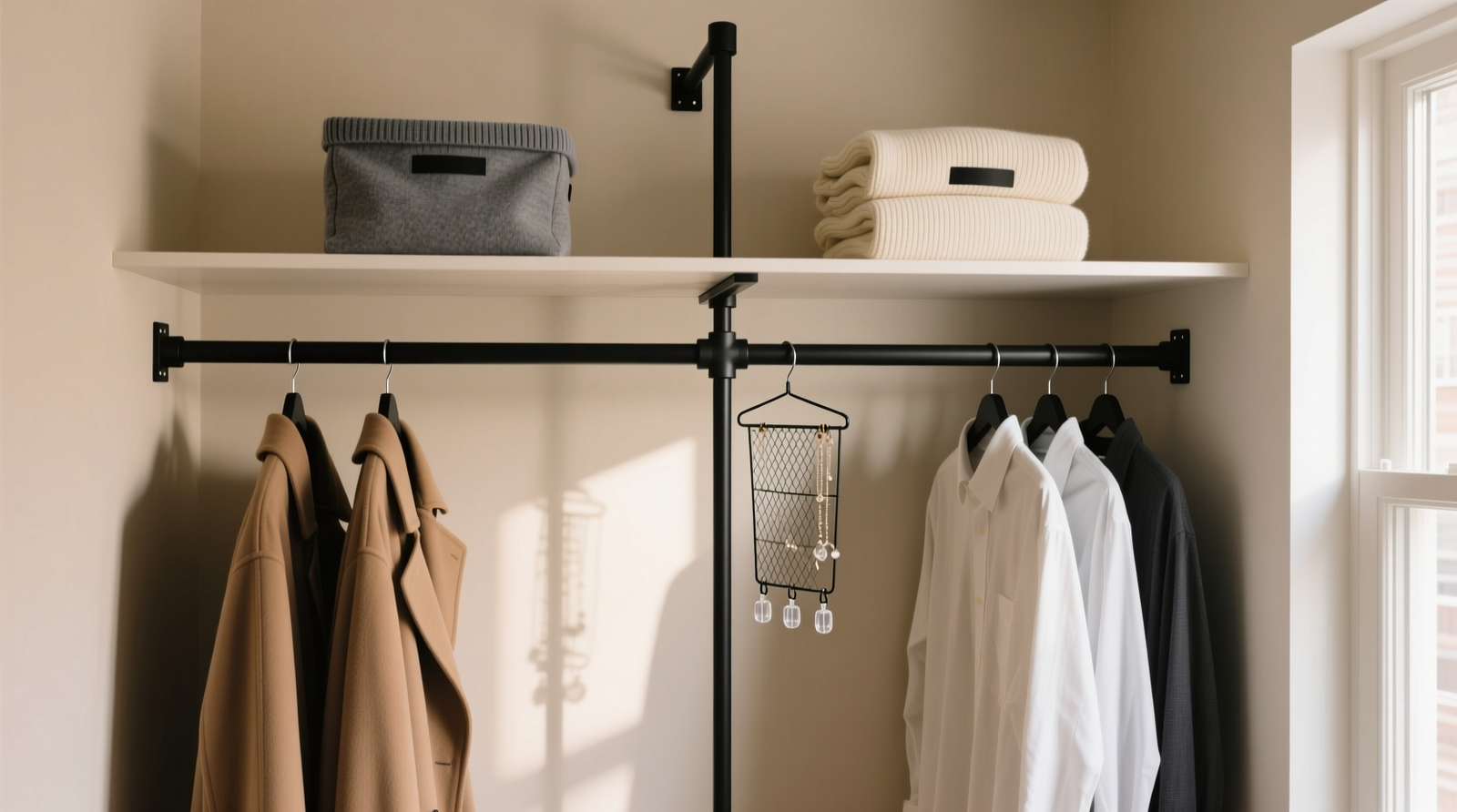 A minimalist rental closet with three matte-black tension rods: one vertical separating long coats from shirts, one horizontal supporting stacked sweater bins, and one angled at 45 degrees anchoring a hanging jewelry organizer—all installed without screws, brackets, or wall contact.
