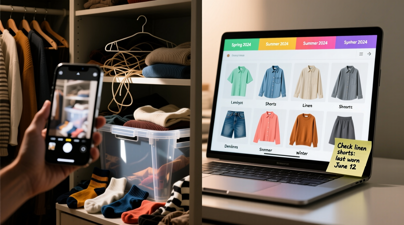 Side-by-side comparison: left shows a smartphone scanning a cluttered closet shelf with low-light glare; right shows a clean, labeled photo-grid spreadsheet open on a laptop, with color-coded seasonal tabs and a sticky note reading 'Check linen shorts: last worn June 12'