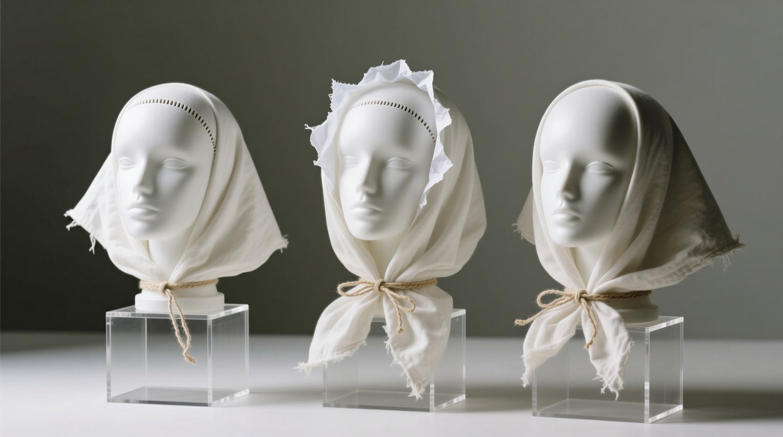 Three archival styrofoam wig heads inside translucent polypropylene garment bags, each with visible silica gel packet and labeled rotation date; placed on powder-coated steel shelving away from window light