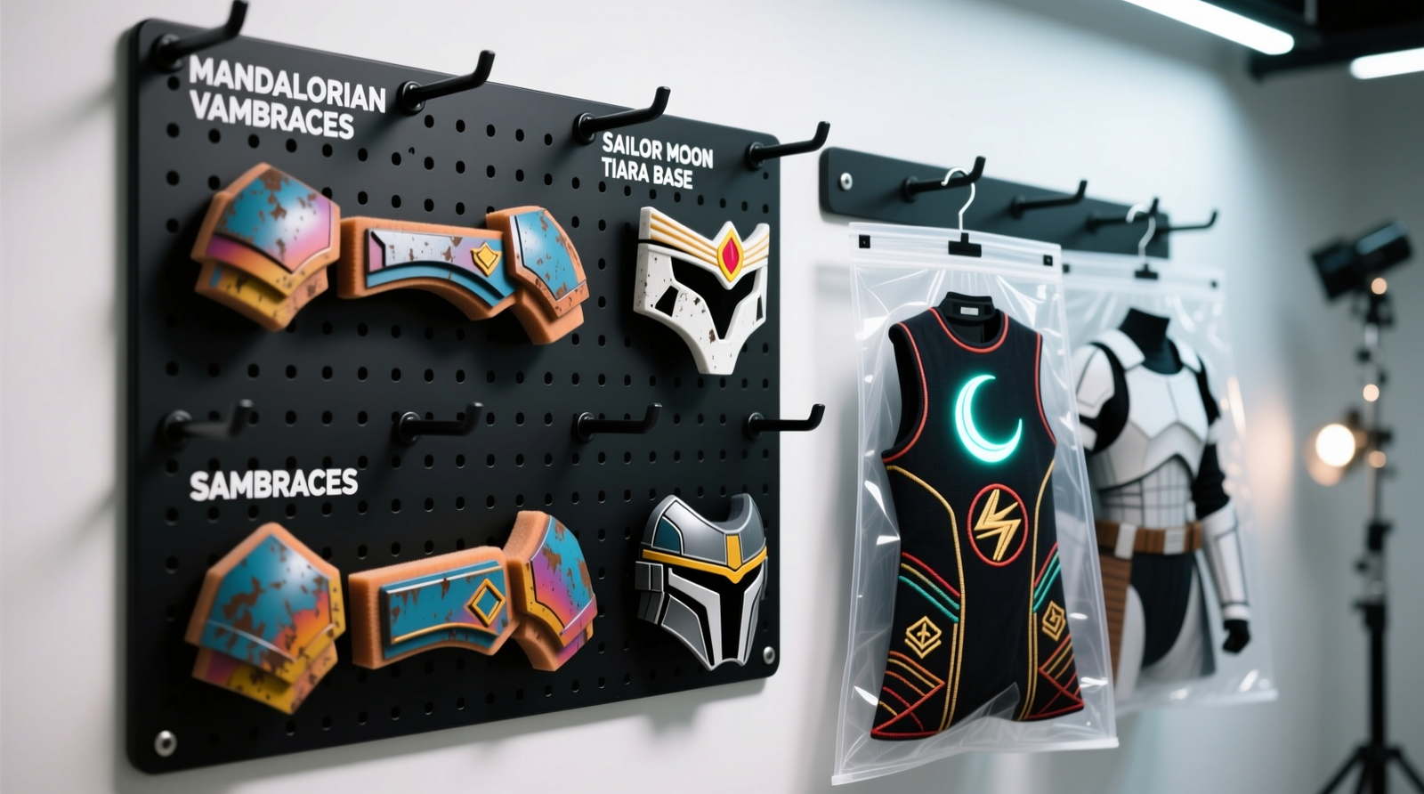 A narrow closet showing vertical organization: upper rod with padded hangers holding structured jackets in breathable cotton garment bags; lower rod with lightweight capes on slim velvet hangers; labeled acid-free boxes stacked two-high on adjustable shelves; silica gel packets visible inside open box lid