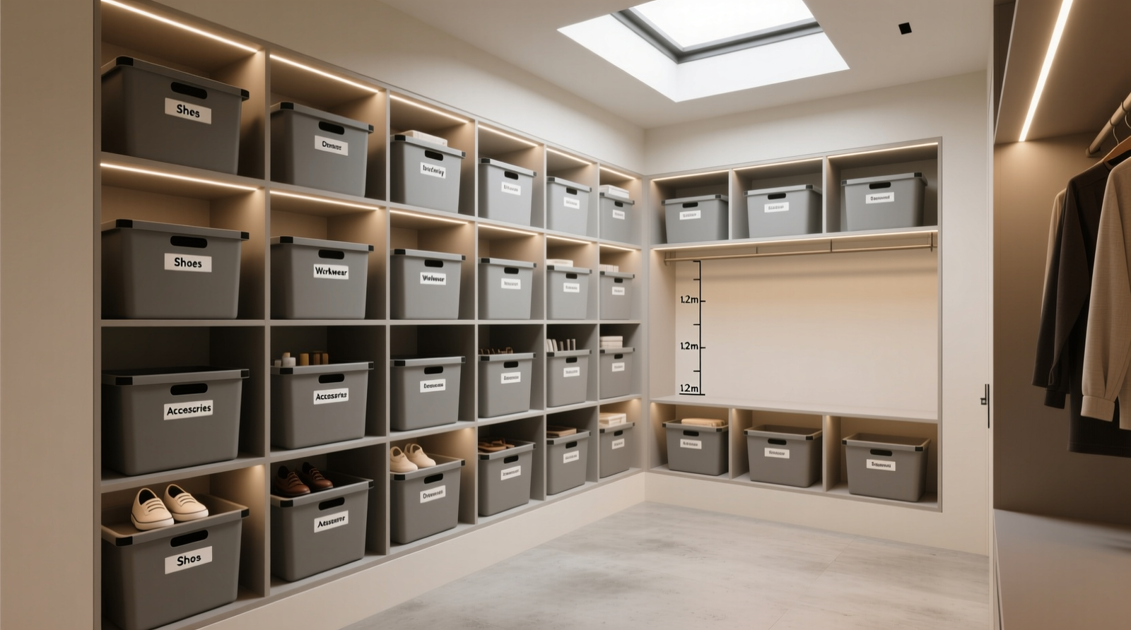 A minimalist closet with uniform matte-gray modular bins arranged by category and frequency; labels are clean sans-serif, placed at consistent height; no visible wires, speakers, or digital displays