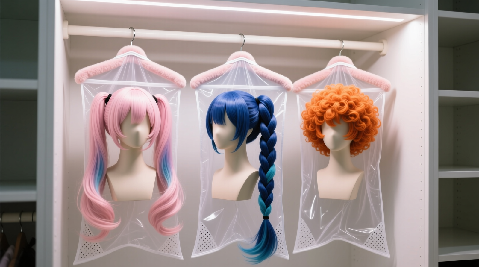 Three anime cosplay wigs hung vertically on padded hangers inside a standard reach-in closet, each inside a semi-transparent mesh garment bag with visible airflow holes; wigs spaced evenly, no contact between fibers, ambient lighting soft and shadow-free