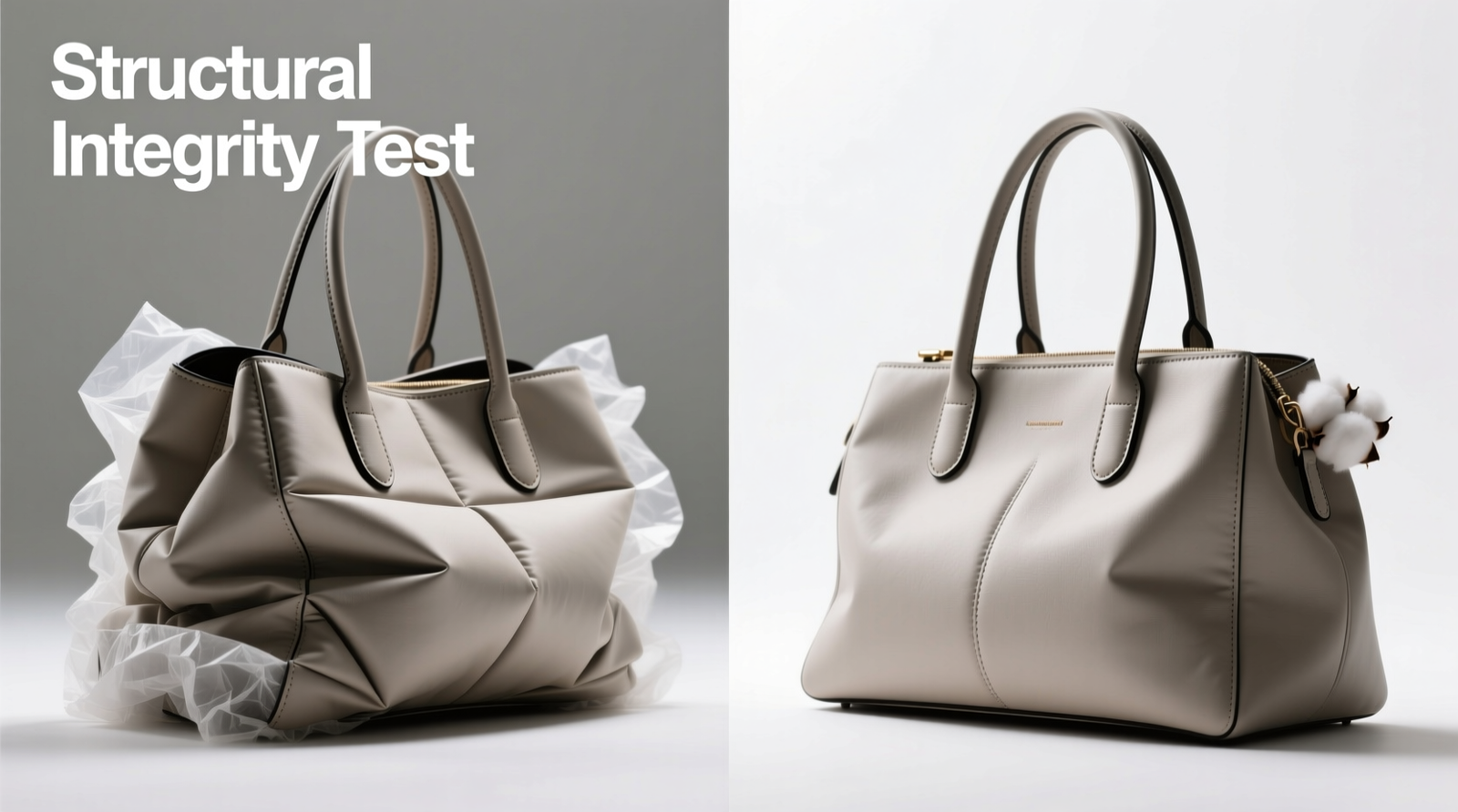 Side-by-side comparison: left shows a structured handbag with visible corner creasing after tissue stuffing; right shows identical model supported by a gently inflated cotton-dusted bag maintaining crisp lines and smooth surface tension