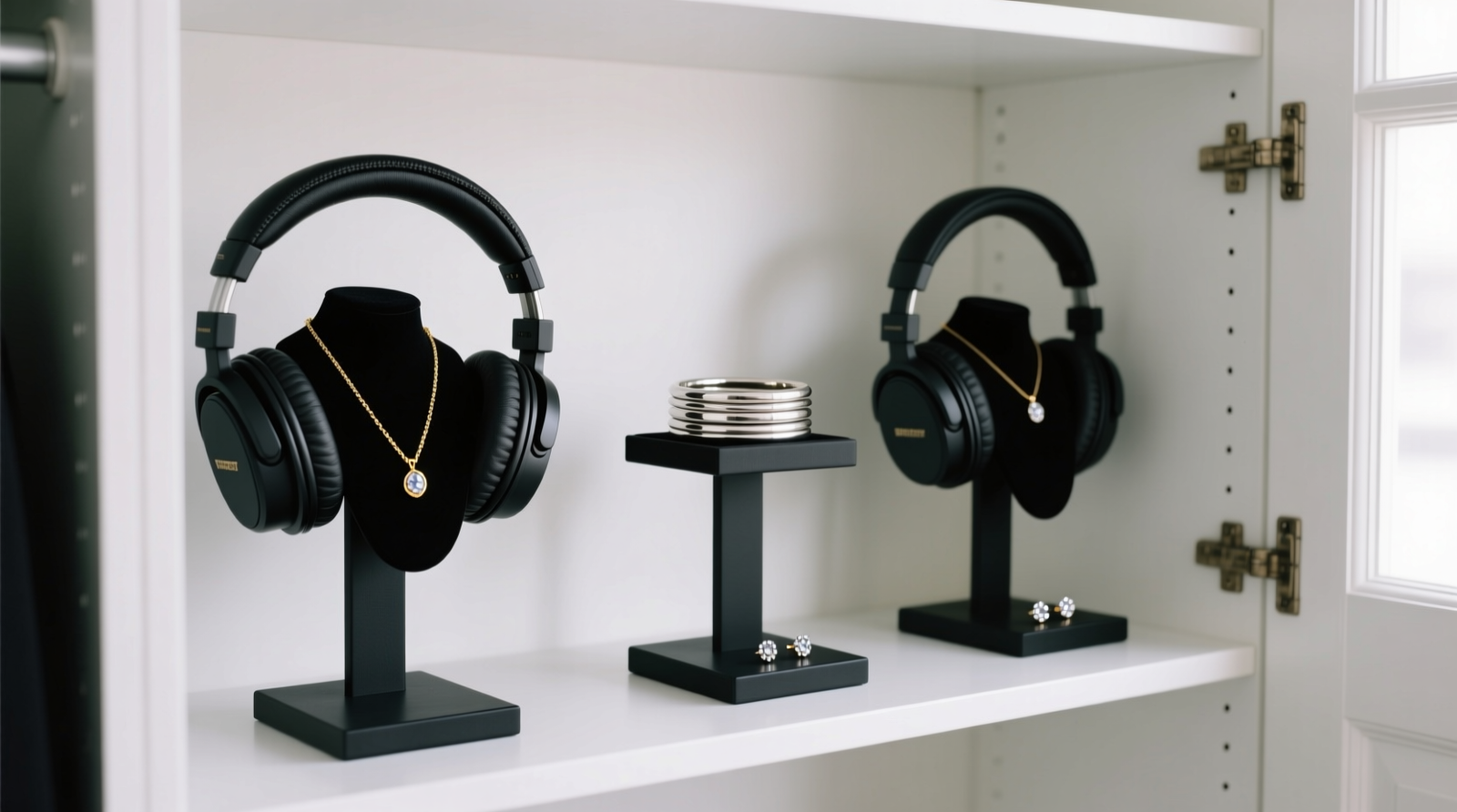Three repurposed black gaming headset stands mounted at varying heights on a white closet door interior, each holding distinct jewelry types: a gold necklace draped over the ear cup, stacked silver bangles resting in the cradle, and tiny stud earrings nestled in the base groove. Natural light highlights clean spacing and zero visible tangles.