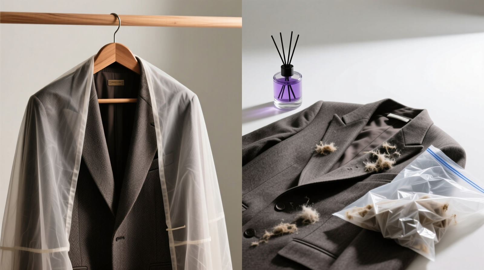 Side-by-side comparison: left shows a wool suit draped over a cedar-lined hanger with breathable cotton cover; right shows same suit next to a lavender diffuser bottle and plastic dry-cleaning bag, with visible lint buildup and slight nap distortion