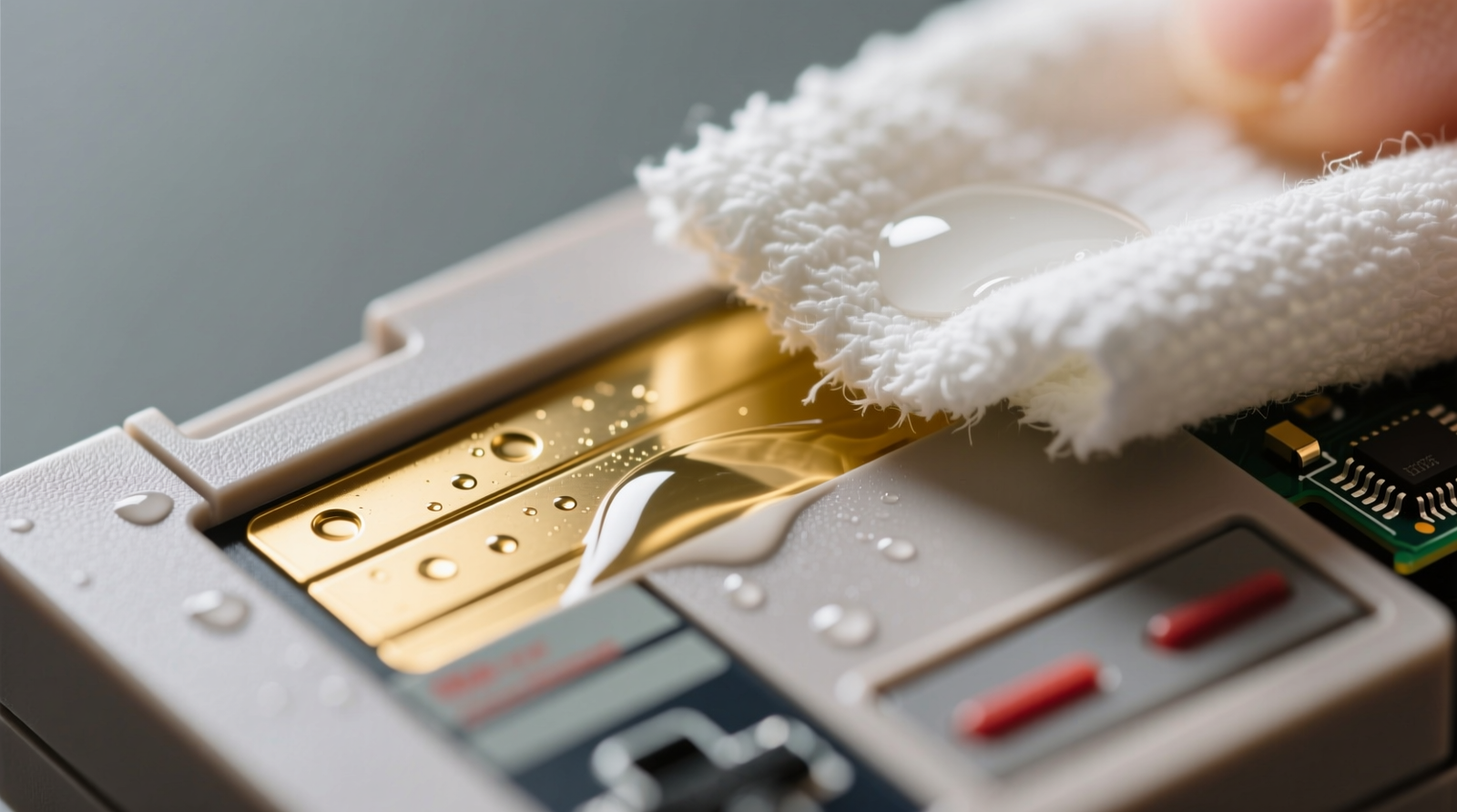 Close-up photo of a clean NES cartridge gold contact edge being wiped gently with a folded microfiber cloth dampened with diluted white vinegar solution, no pooling or dripping visible