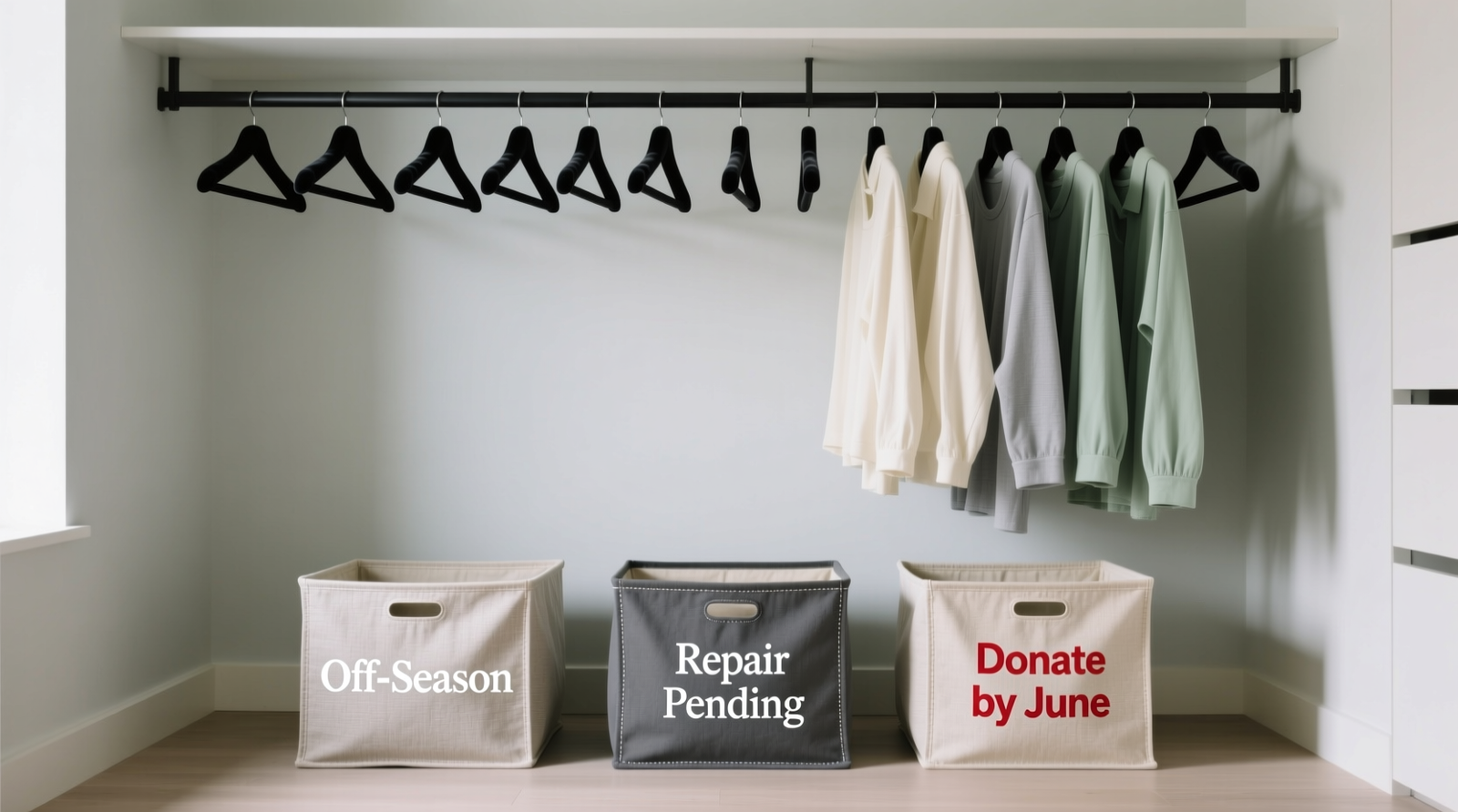 A minimalist closet with uniform hangers, clearly spaced garments, and three labeled fabric bins at floor level—one marked 'Off-Season', one 'Repair Pending', and one 'Donate by June'. No electronics visible.