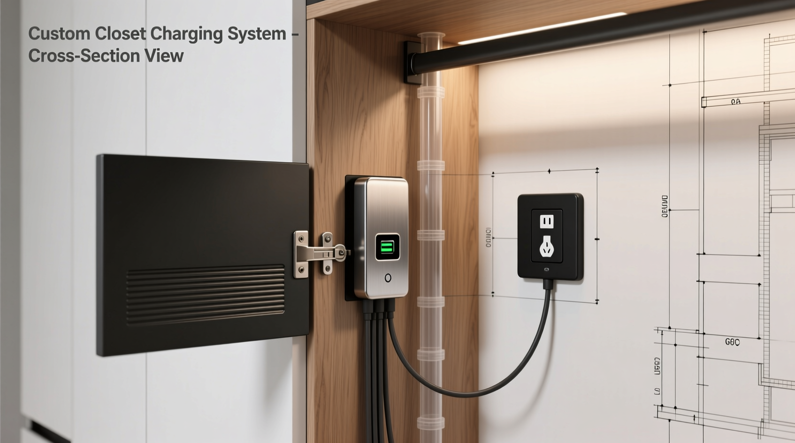 Cross-section diagram showing a custom-built closet cabinet with a recessed vertical stile housing a brushed-metal USB charging module, concealed behind a matte-black magnetic access panel; cables routed vertically inside the stile and terminating at a nearby wall box with GFCI outlet