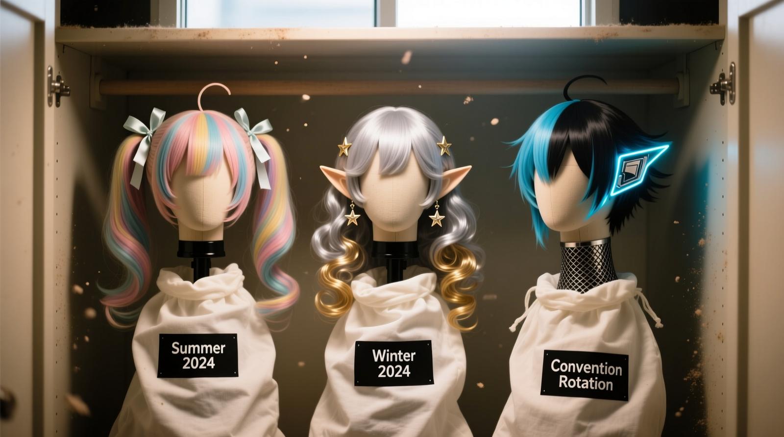 Three padded wig stands arranged vertically inside a closet, each holding a different styled cosplay wig (anime-inspired pigtails, fantasy elf curls, cyberpunk asymmetrical cut), all enclosed in off-white cotton garment bags with visible labeled tabs reading 'Summer 2024', 'Winter 2024', 'Convention Rotation'