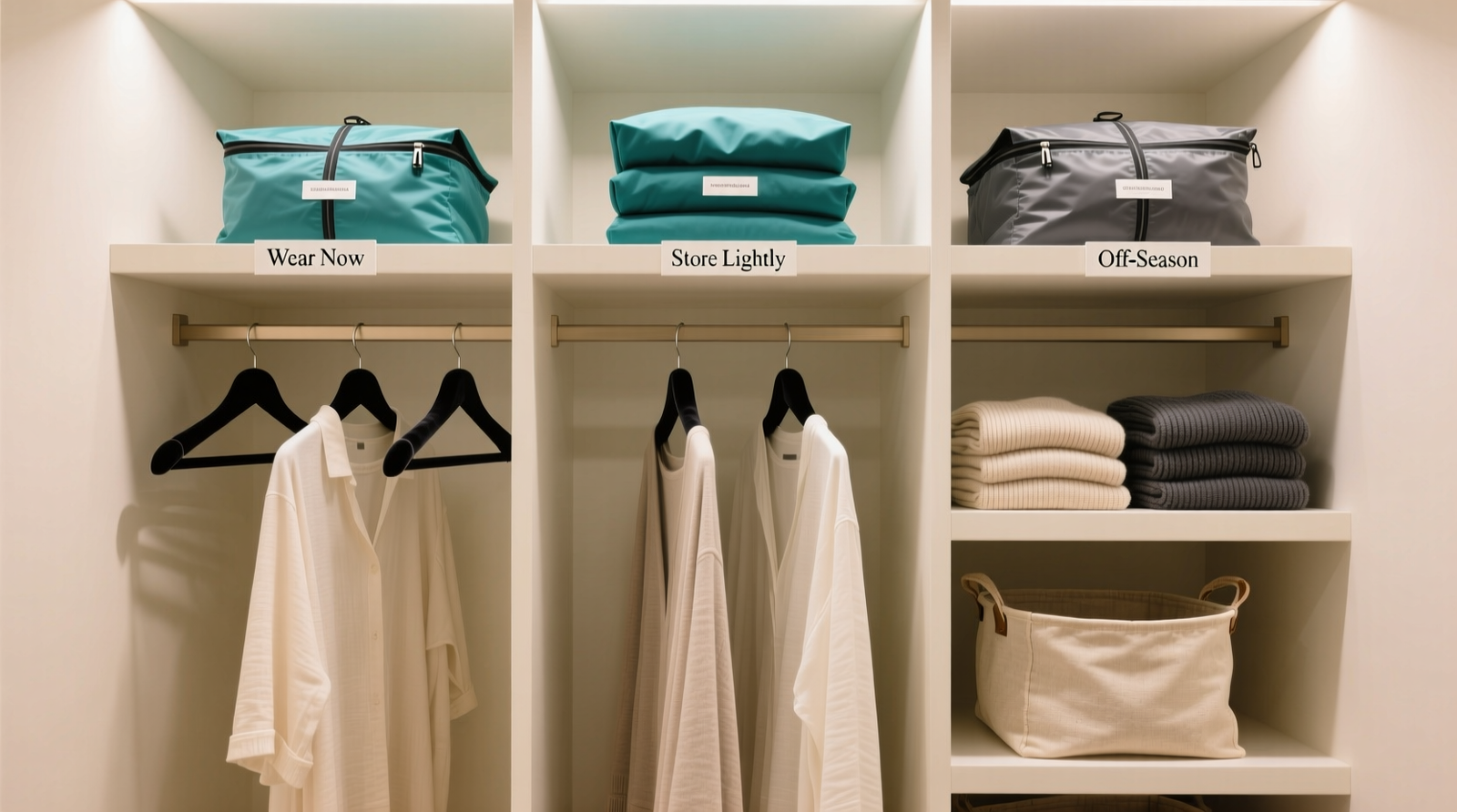 A minimalist closet showing three clearly labeled vertical zones: 'Wear Now' (light cottons and linens hung on identical matte-black velvet hangers), 'Store Lightly' (folded sweaters in breathable canvas bins on mid-shelves), and 'Off-Season' (vacuum-sealed garment bags color-coded teal for summer, charcoal for winter, stacked neatly on top shelf). No visible wire hangers or mismatched hardware.