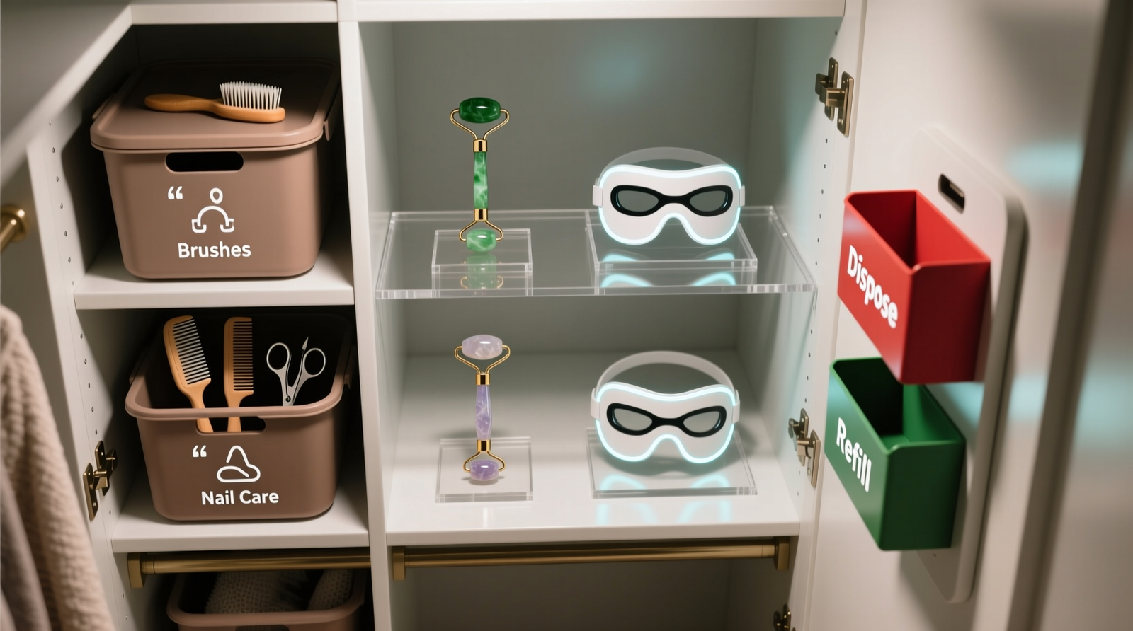 A minimalist closet interior showing three clearly defined zones: top shelf with matte-gray lidded bins labeled 'Pet Tools', middle section with white acrylic wall-mounted caddies holding serums and moisturizers, and bottom drawer with charcoal-lined interior containing a folded grooming apron, stainless steel comb, and sealed shampoo pouches