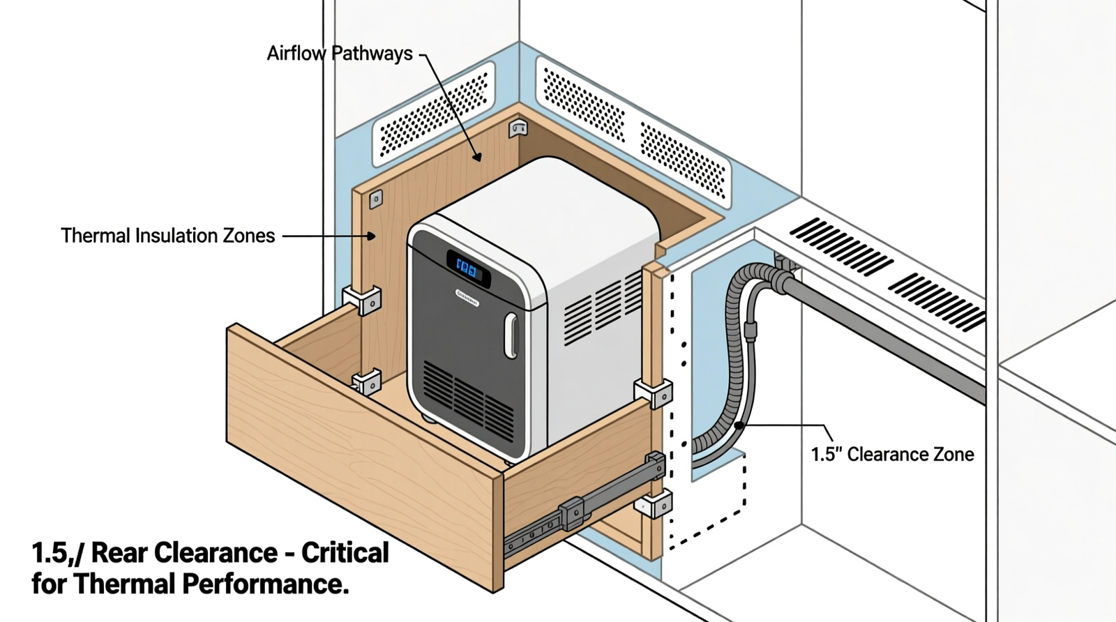 Cross-section diagram showing a custom closet base cabinet with a recessed, panel-matched skincare fridge drawer, labeled insulation layer, front ventilation grille, and integrated digital thermostat display