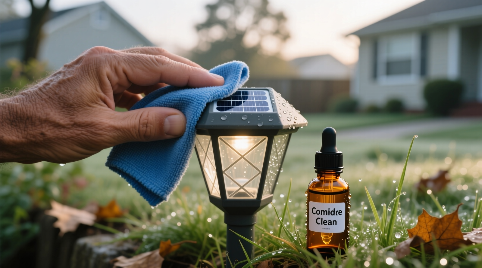 Close-up of a hand wiping a matte-finish solar garden light lens with a folded blue microfiber cloth, while a small amber glass dropper bottle labeled 'Comfrey Clean' rests beside it on a dew-damp grass surface