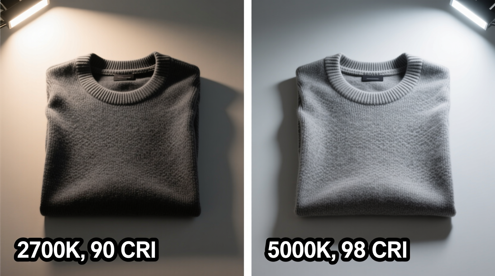 Side-by-side comparison showing identical gray sweater appearing charcoal under warm white light versus true medium gray under 5000K high-CRI LED, with labeled Kelvin and CRI values