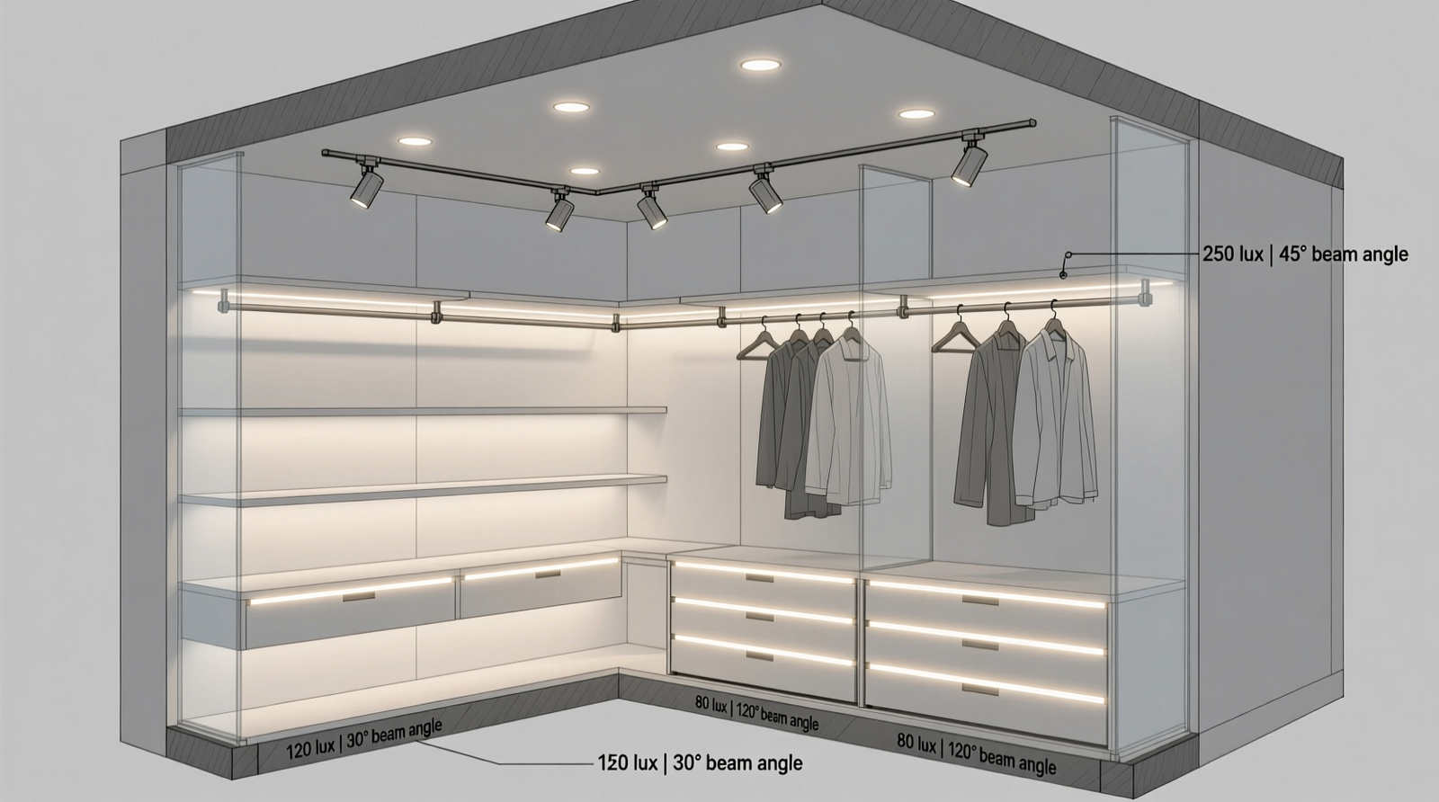 A narrow, windowless walk-in closet with matte-white reflective wall panels, under-shelf LED strips emitting soft 4000K light, and a motion-activated ceiling fixture—all illuminating neatly hung clothes and labeled translucent bins without visible shadows