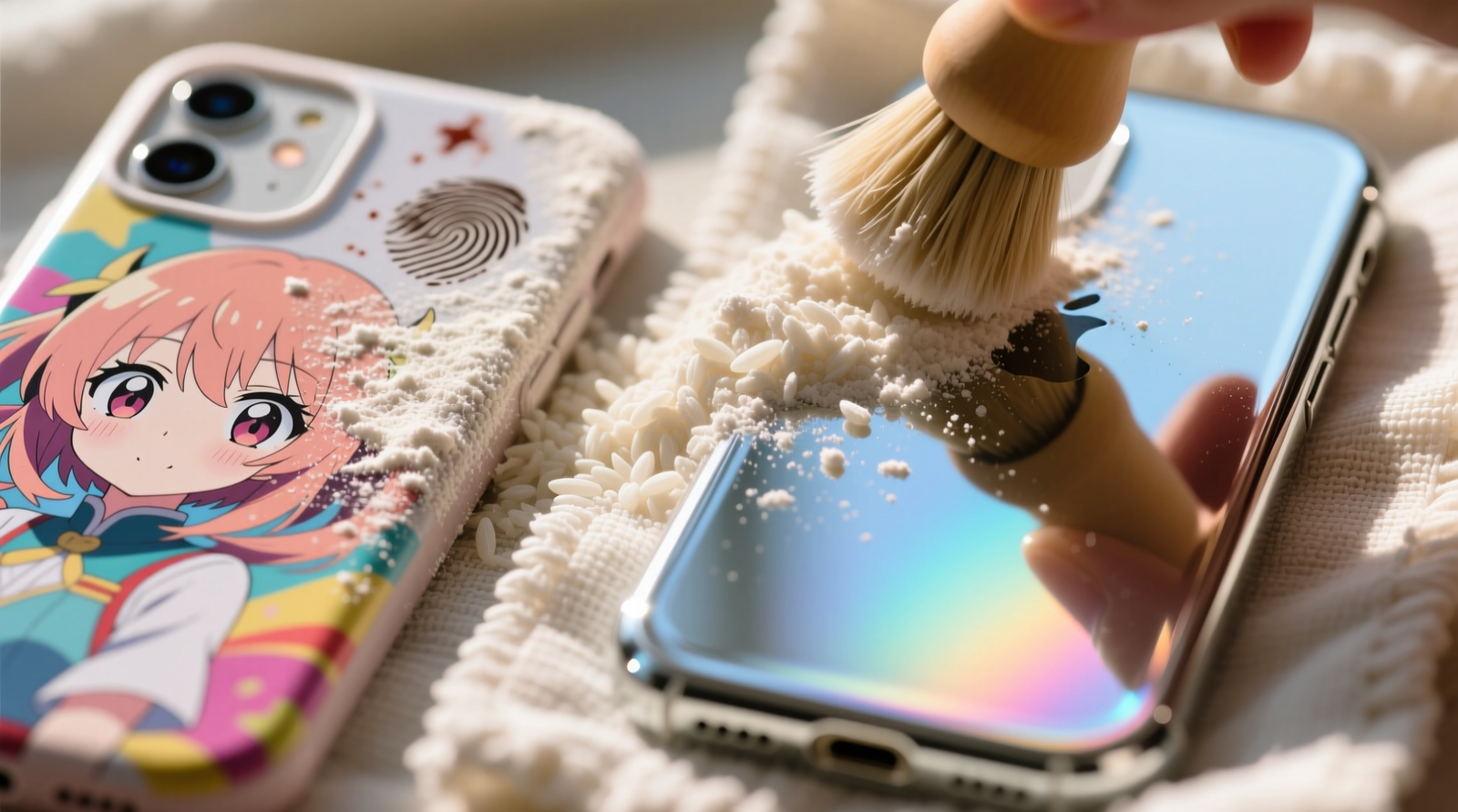 Close-up photo showing rice starch powder evenly distributed on a microfiber cloth, gently buffing a vibrant anime phone case with visible before-and-after zones: left side smudged, right side crystal-clear and reflective