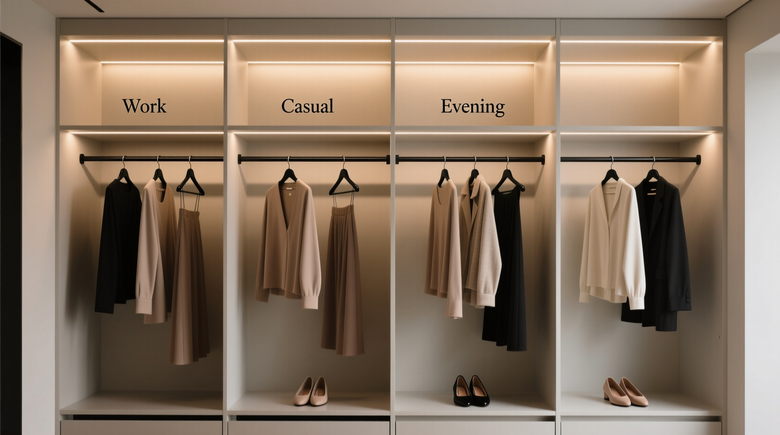 A minimalist closet with labeled, grouped outfit zones: each zone contains a top, bottom, lightweight layer, and matching shoes on coordinated slim hangers; soft LED lighting illuminates each section evenly; no visible clutter or excess garments