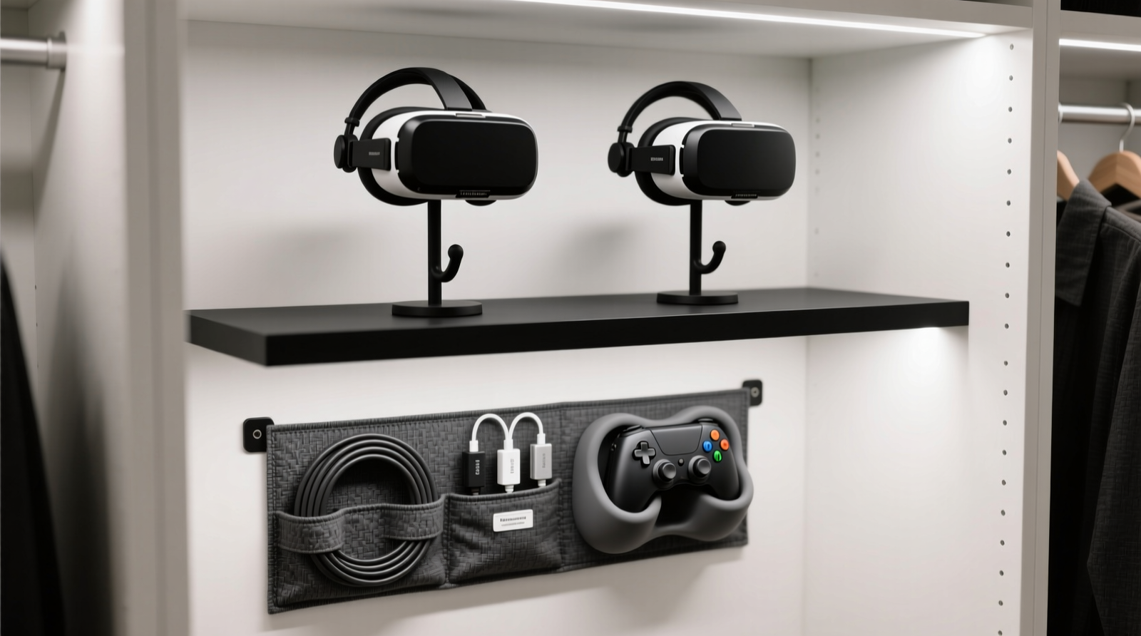 Close-up of a white closet interior showing a matte-black 14-inch floating shelf mounted at 58 inches from floor, holding two VR headset stands upright with color-matched hooks; beneath it, a charcoal fabric-wrapped cable caddy holds coiled cables, labeled adapters, and two wireless controllers resting in molded cradles.