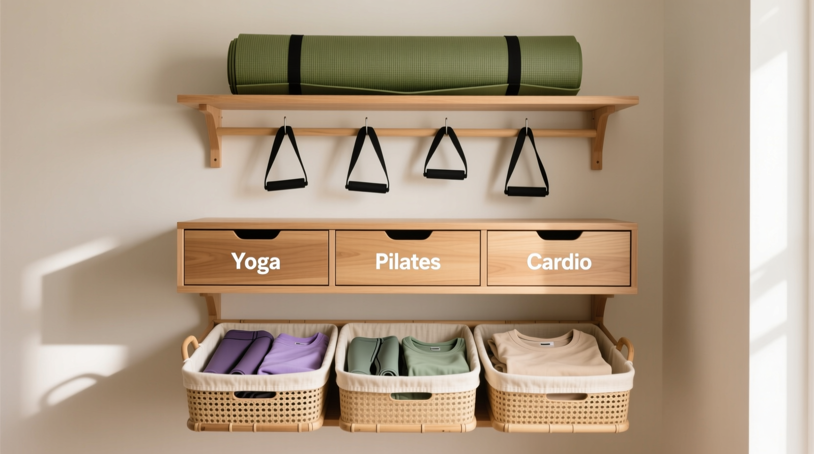 A shared walk-in closet with a clearly defined lower shelf labeled 'Active Wear' using minimalist matte-black bins, a 24-inch rod section with uniform hangers holding breathable tanks and jackets, and ventilated shoe tray at floor level—all lit with warm, even lighting and no visible branding or motivational slogans