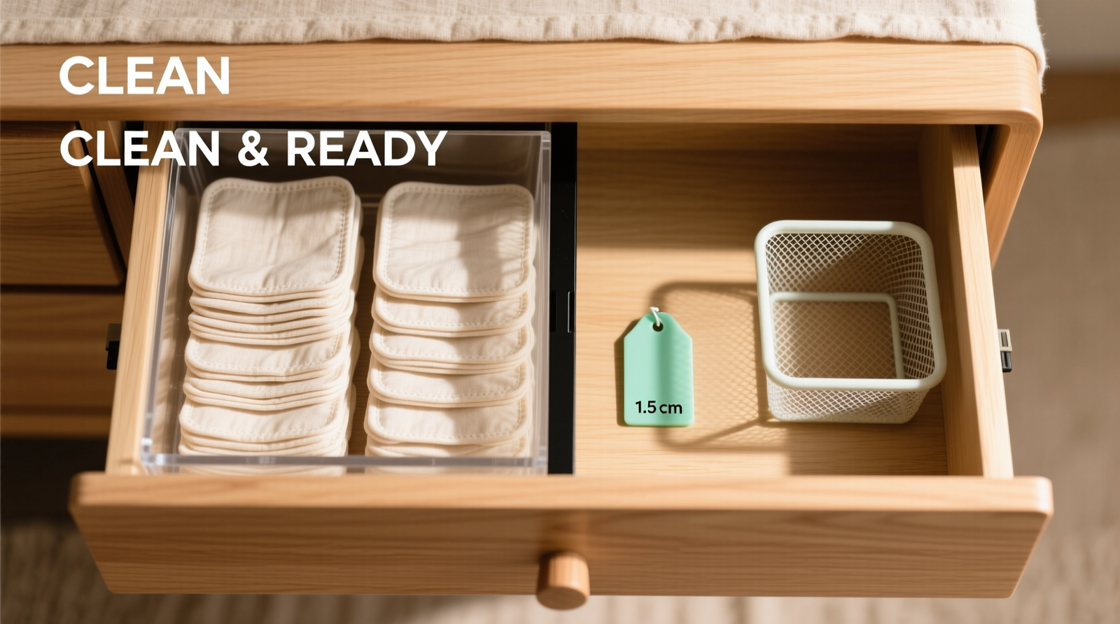 Three identical off-white cotton drawstring bags hanging vertically on a brushed-nickel hook bar inside a light oak closet; each bag is labeled with minimalist black embroidery: 'CLEAN', 'DAMP-USED', 'DRY-READY'. A small bamboo drying rack sits folded beside them on the shelf.