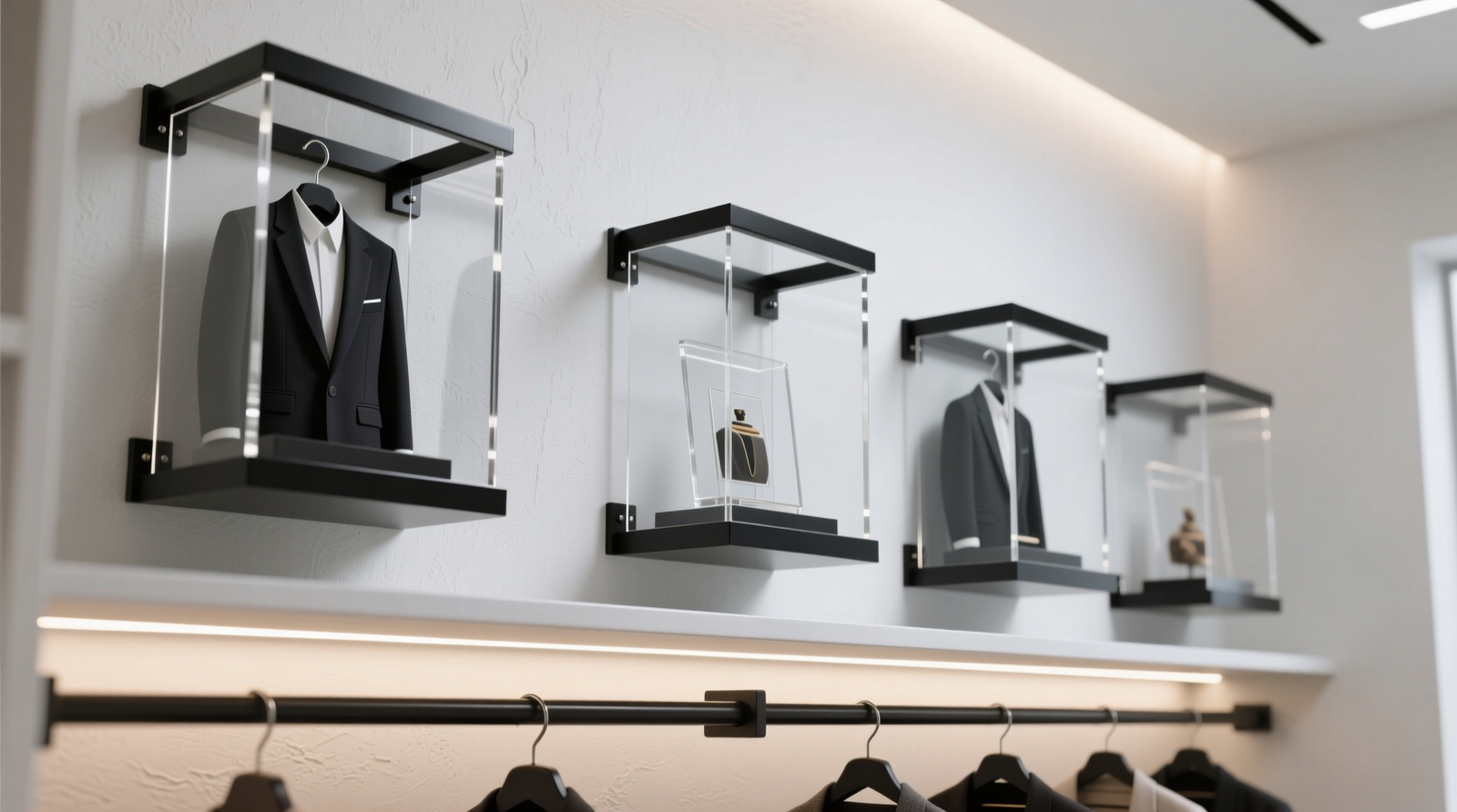 A well-organized reach-in closet showing slim metal display shelves mounted vertically along the left wall, layered with staggered anime figure risers holding 1:7 scale figures; hanging shirts remain fully accessible on the right, with labeled storage bins beneath the lowest shelf