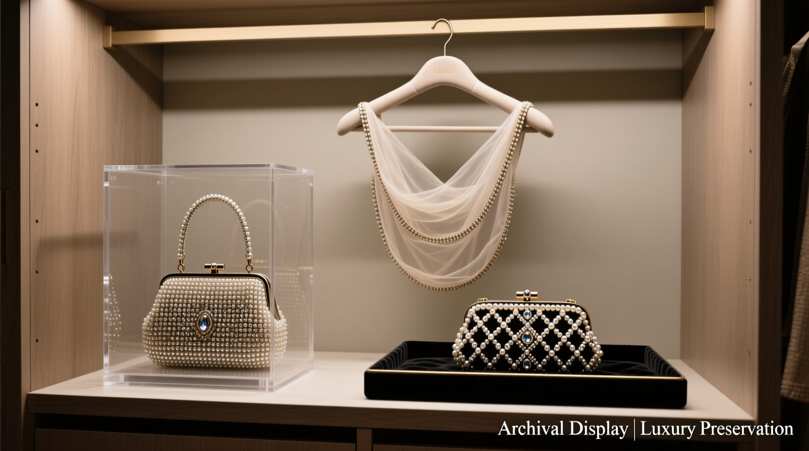 Close-up photo showing three beaded evening bags suspended vertically on padded hangers, each inside a translucent off-white cotton garment bag, spaced evenly with no contact between bags or nearby garments
