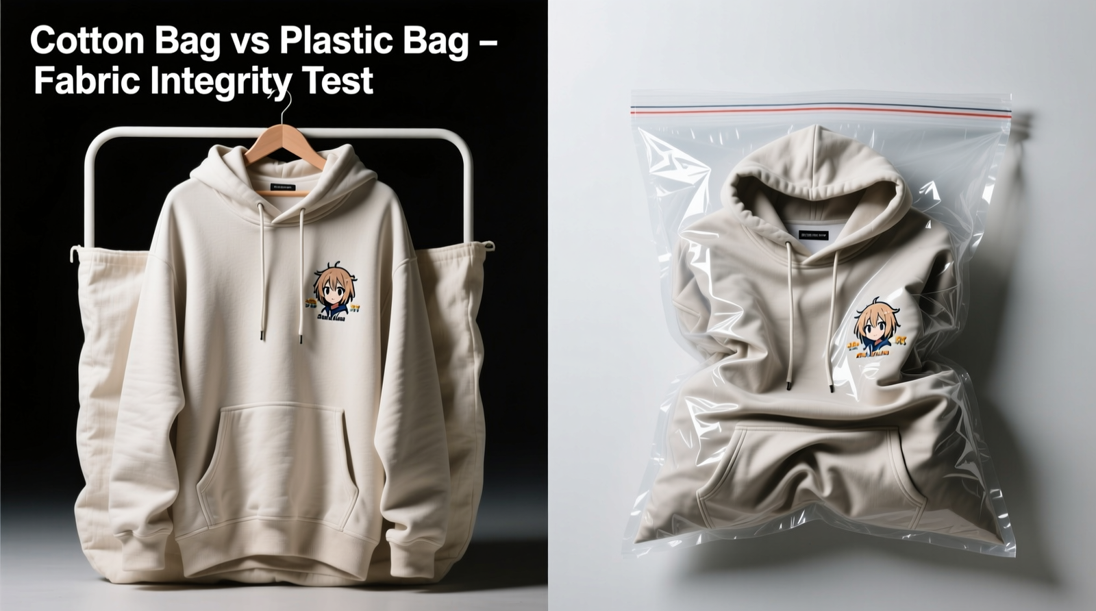 Side-by-side comparison: an oversized anime hoodie draped correctly on a wide padded hanger inside a breathable cotton garment bag, versus the same hoodie crushed in a vacuum-sealed plastic bag with visible embroidery distortion