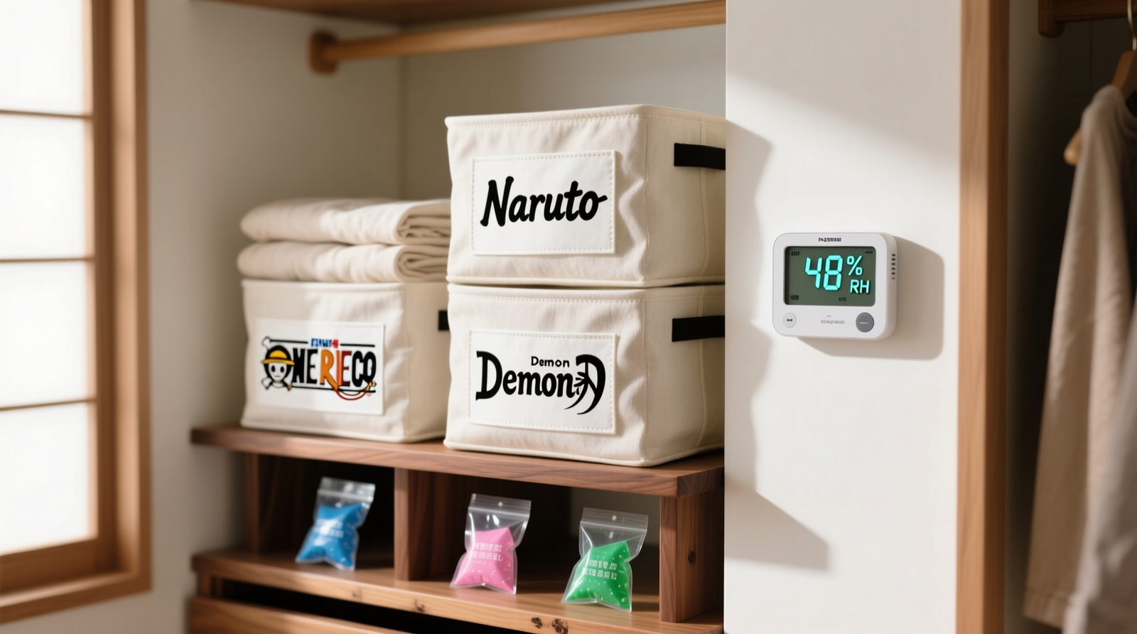A well-organized closet interior showing three fabric bins placed vertically on wooden risers, each labeled clearly with manga series names; silica gel pouches visible beneath bins, hygrometer mounted on adjacent wall reading 48% RH