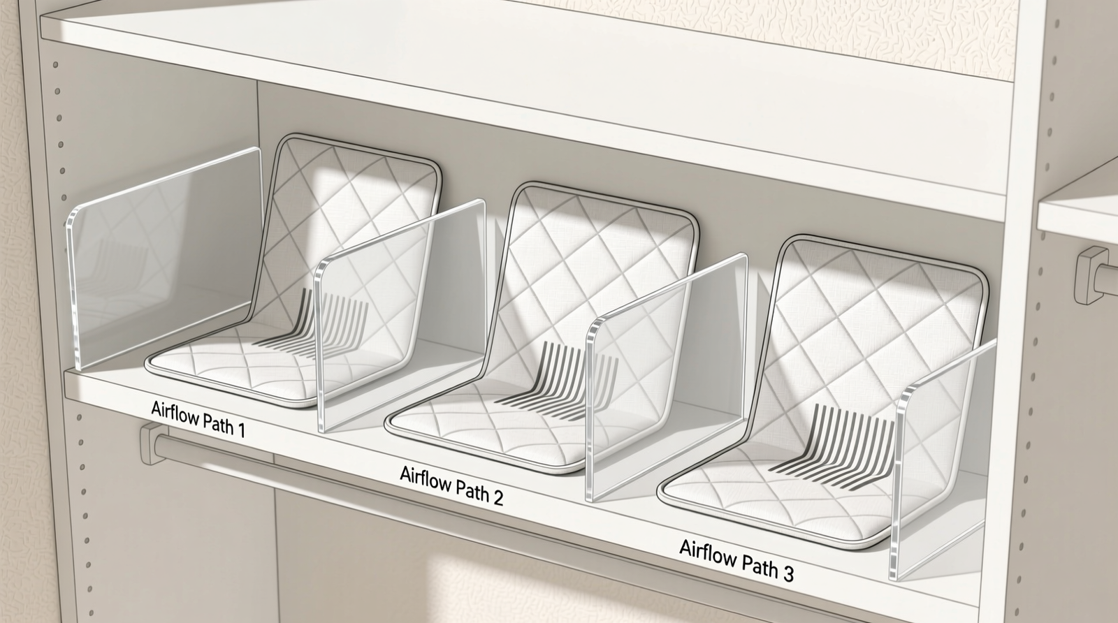 Side-view illustration of three pet cooling mats standing vertically on a closet shelf, each separated by slim acrylic dividers, with labeled airflow gaps and no overhead items pressing down