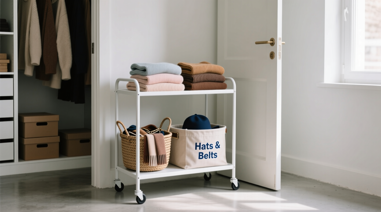 Two-tier white metal rolling cart positioned beside an open closet door, holding folded sweaters, woven baskets, and a removable fabric bin labeled 'Hats & Belts'