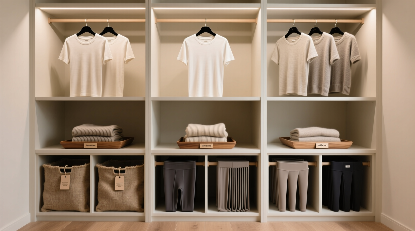 A calm, shallow-depth closet with matte wood hangers, soft sage-colored cotton shirts evenly spaced, warm LED strip lighting, and shelf labels featuring raised silicone dots beside muted color swatches
