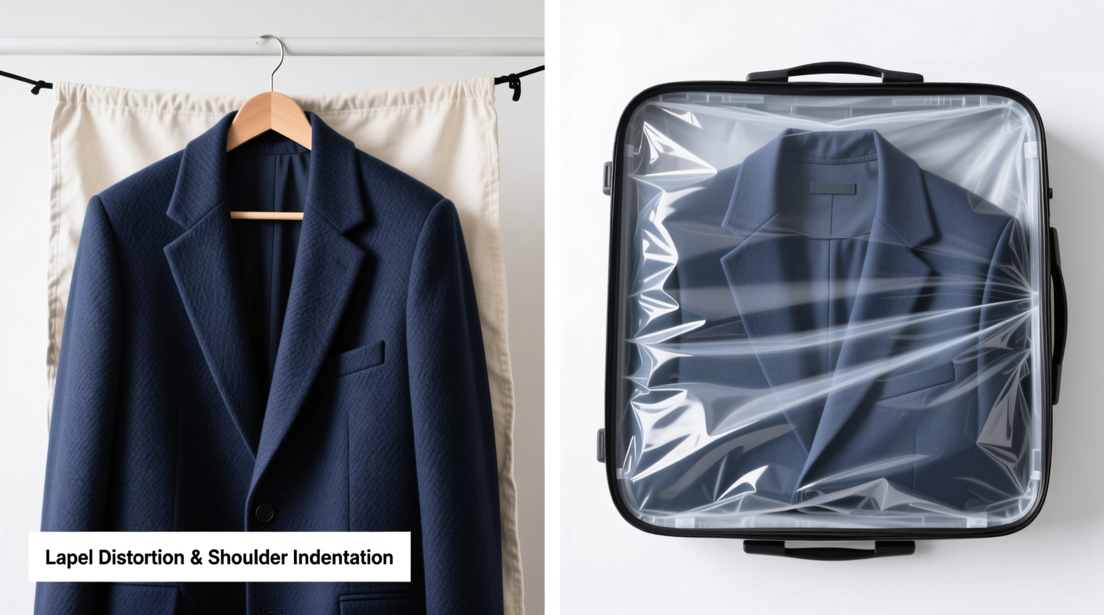 Side-by-side comparison: a structured navy blazer hung inside a breathable cotton garment bag versus the same blazer compressed inside a translucent rigid polypropylene case, highlighting visible lapel distortion and shoulder indentation in the latter